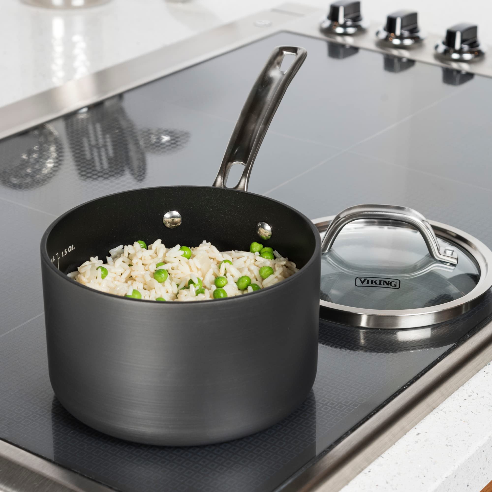Viking 2 Quart Non Stick Sauce Pan with Glass Lid - Hard Anodized Nonstick Saucepan Cooking Pot - Dishwasher, Oven & Induction Safe - Gray - Perfect for Sauces, Soups and Everyday Cooking