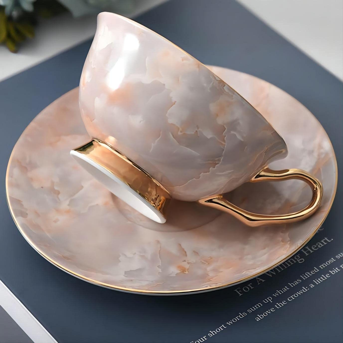 7 oz European Ceramic Bone China Coffee Cup with Saucer - Elegant Pink Tea Set for Au Lait, Latte, Cafe Mocha & Cappuccino - Perfect Mother's Day Gift for Home, Office & Coffee Shops