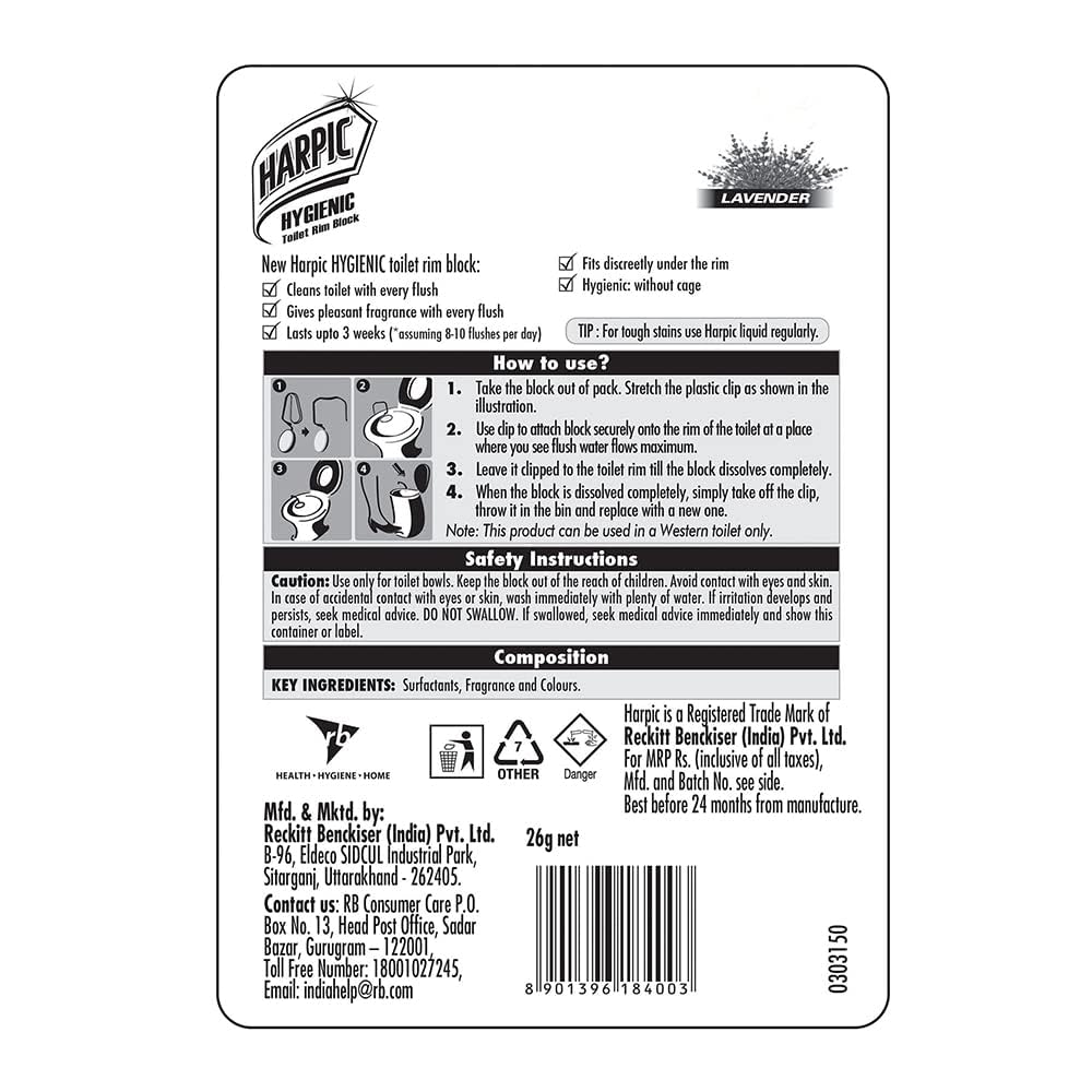 Harpic Hygienic Toilet Cleaner Rim Block, Lavender Scent - 26g (Pack of 3) | Long-Lasting Freshness & Stain Removal | Ideal for Bathroom, Toilet Bowl & Drain Cleaning