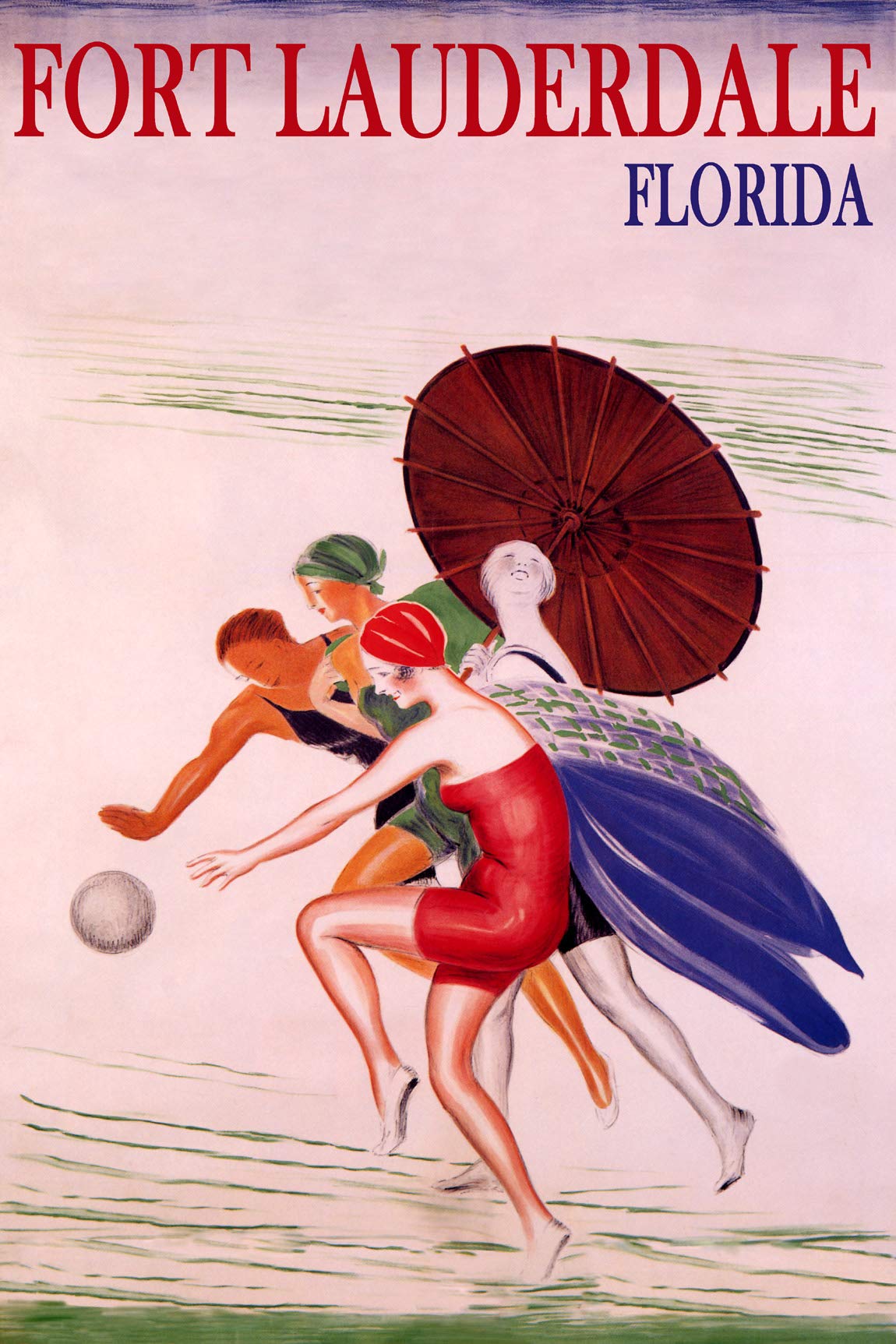 Vintage Florida Beach Poster - Fort Lauderdale Summer Scene with Women Playing Ball Under Sun Umbrella - 16x24 Inch Canvas Art Print (Rolled for Safe Shipping) - Perfect for Coastal Home Decor, Beach House Wall Art & Travel Themed Room Design