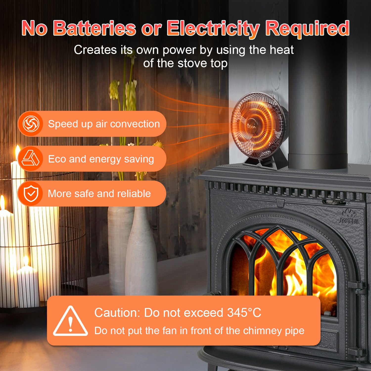 Efficient VODA Heat Powered Stove Fan with 4 Protective Blades - Silent Fireplace Fan for Wood Stoves & Home Heating - Perfect for Energy Saving & Even Heat Distribution in Cabins, Living Rooms & Winter Camping