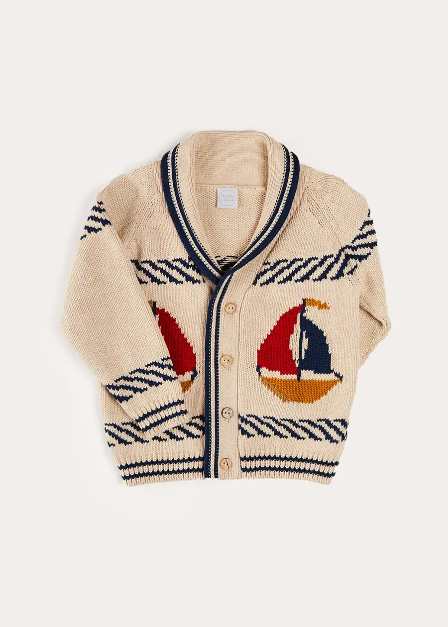 Stylish Beige Nautical Cardigan with Boat Motif Shawl Neck for Kids (Ages 2-10) - Perfect for School, Parties & Family Outings