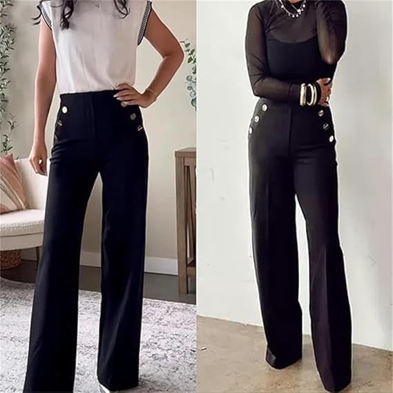 Women's Plus Size Tummy Control Button Wide Leg Pants - Black Pull On High Waisted Palazzo Trousers for Work, Office & Casual Wear