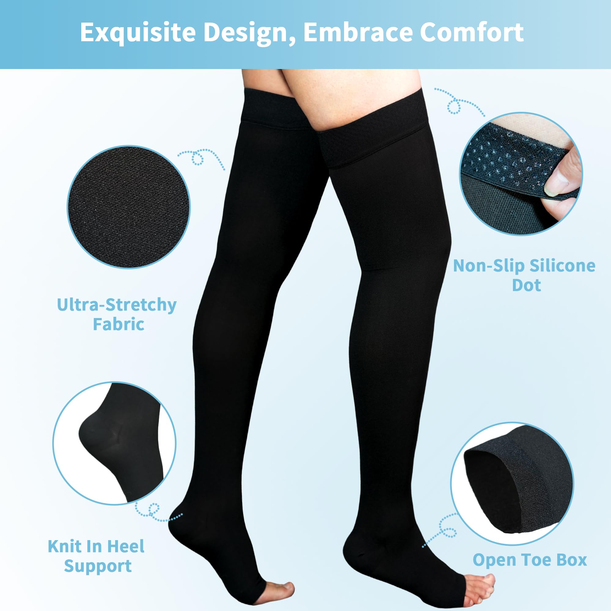 20-30 mmHg Thigh High Compression Stockings for Women & Men - Open Toe with Silicone Dot Band - Varicose Vein Relief & Circulation Support for Travel, Pregnancy & Long Standing