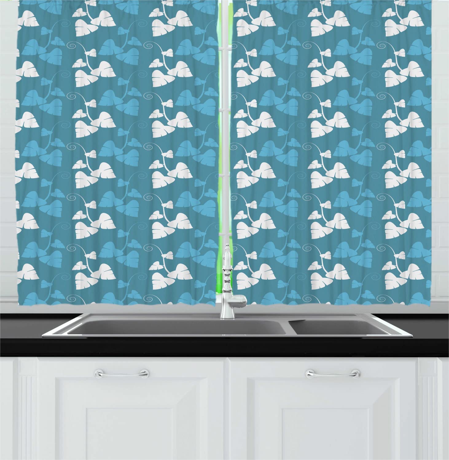 Ambesonne Blue Leaf Print Kitchen Curtains - 55