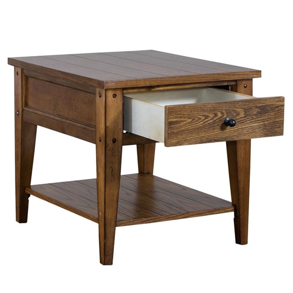 Pemberly Row 1 Drawer Farmhouse End Table - Solid Wood with Brass Accents in Golden Oak Finish | Perfect for Living Room, Bedroom, or Entryway Decor