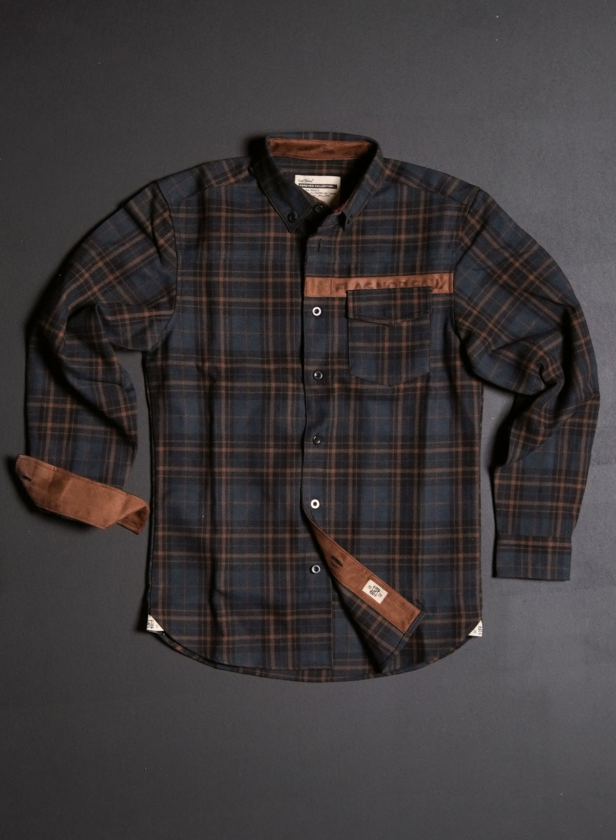 Men's No Handouts X Forever Flannel Shirt - Navy Blue Plaid Long Sleeve Button Down for Casual Wear & Outdoor Activities