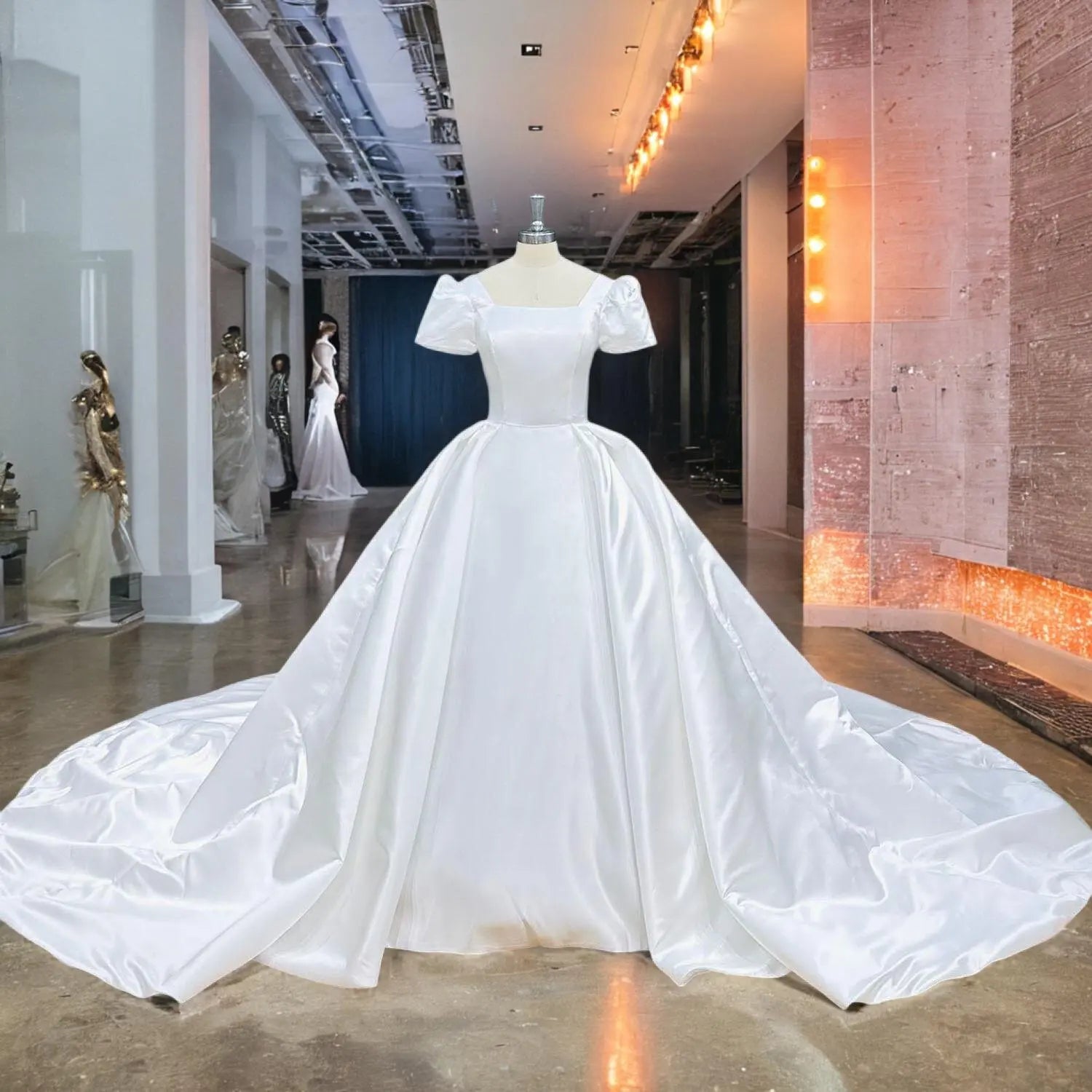 Elegant Square Neck Short Sleeve Satin Ball Gown Wedding Dress with Lace Up Back & Long Train - Perfect for Bridal Ceremony, Formal Events & Romantic Photoshoots
