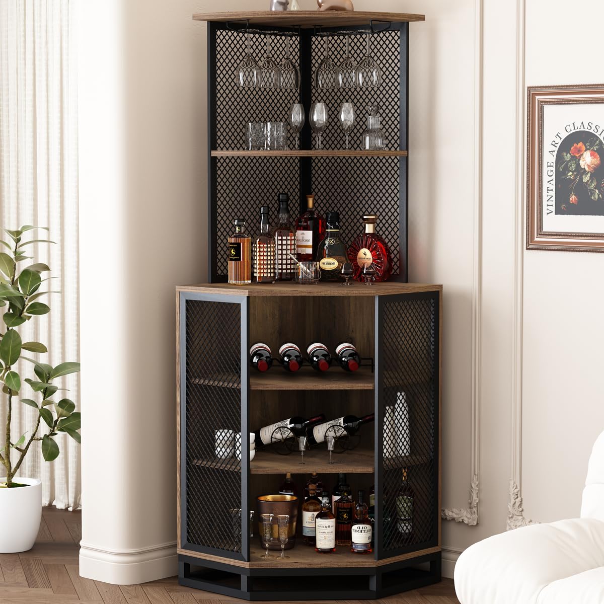 Industrial Rustic Oak Corner Bar Cabinet - 5-Tier Adjustable Shelf Liquor Storage with Glass Holder, 71 Inch Metal Wine Cabinet for Home - Perfect for Living Room, Dining Room, or Home Bar Decor