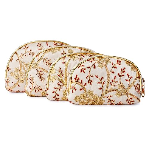 JV GIFTONUS 4-Piece Cosmetic Bag Set for Women - Floral Embroidery Silk Makeup Pouch, Travel Organizer & Storage Kit (Flower Red) | Perfect for Travel, Daily Use & Gift Giving