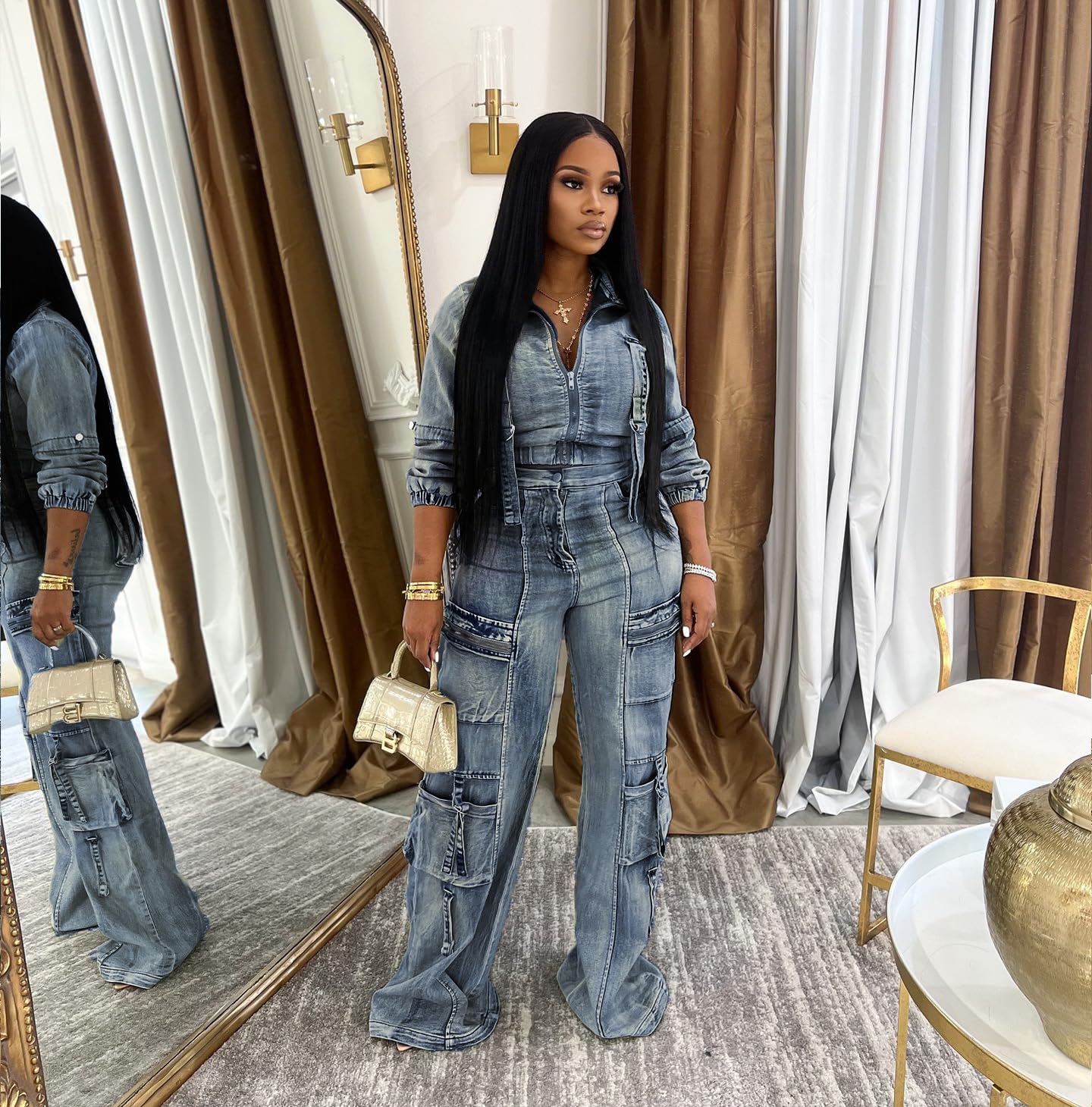 Molilove Women's Two Piece Denim Outfit - Long Sleeve Cropped Jean Jacket & Cargo Pants with Pockets | Y2K Streetwear Tracksuit Set | Casual Outing, Party Wear & Fashion Photoshoot