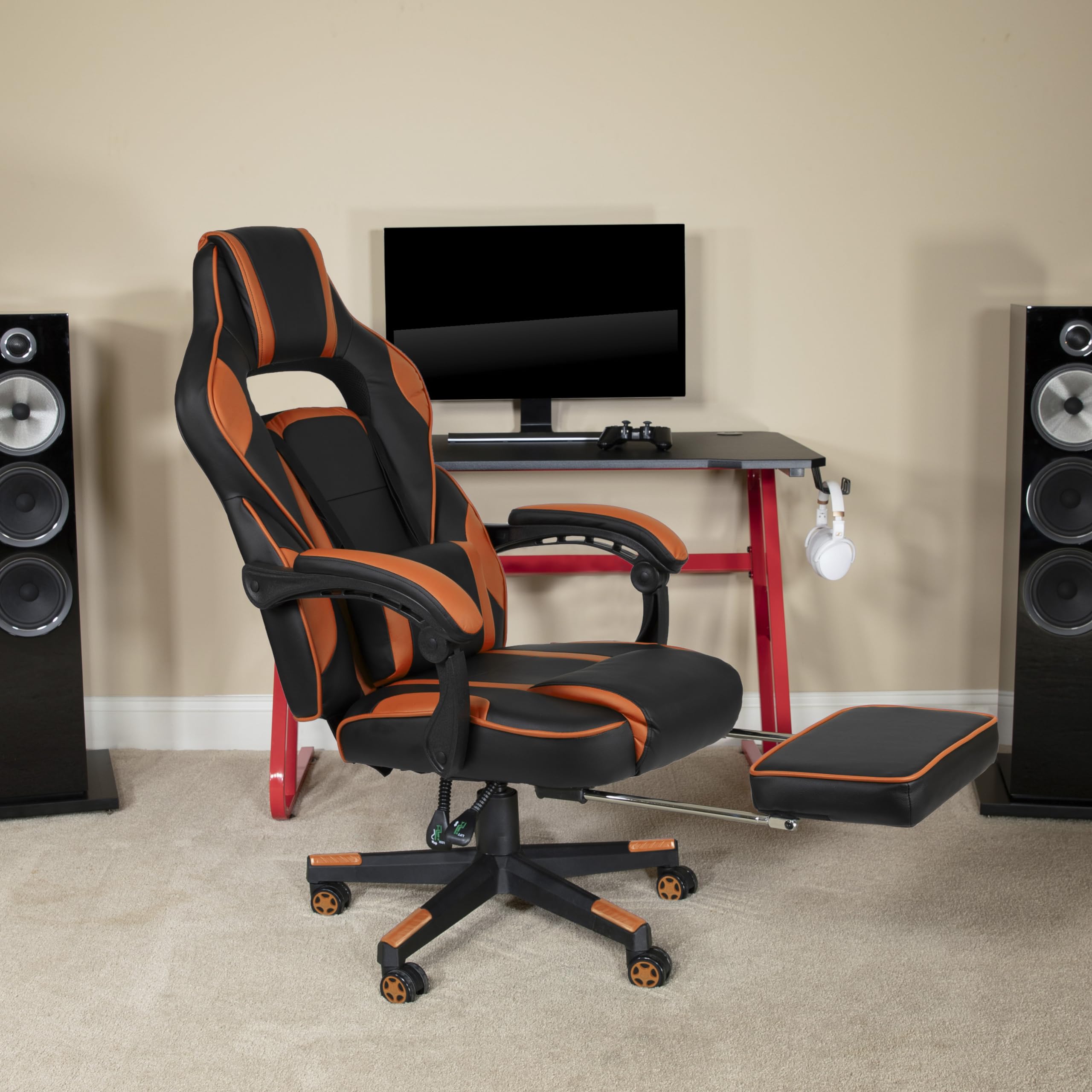 Flash Furniture X40 Ergonomic Gaming Chair - Racing Style Computer Chair with Reclining Back, Adjustable Arms, Slide-Out Footrest & Lumbar Support - Black/Orange - Perfect for PC Gaming, Office Work & Home Entertainment
