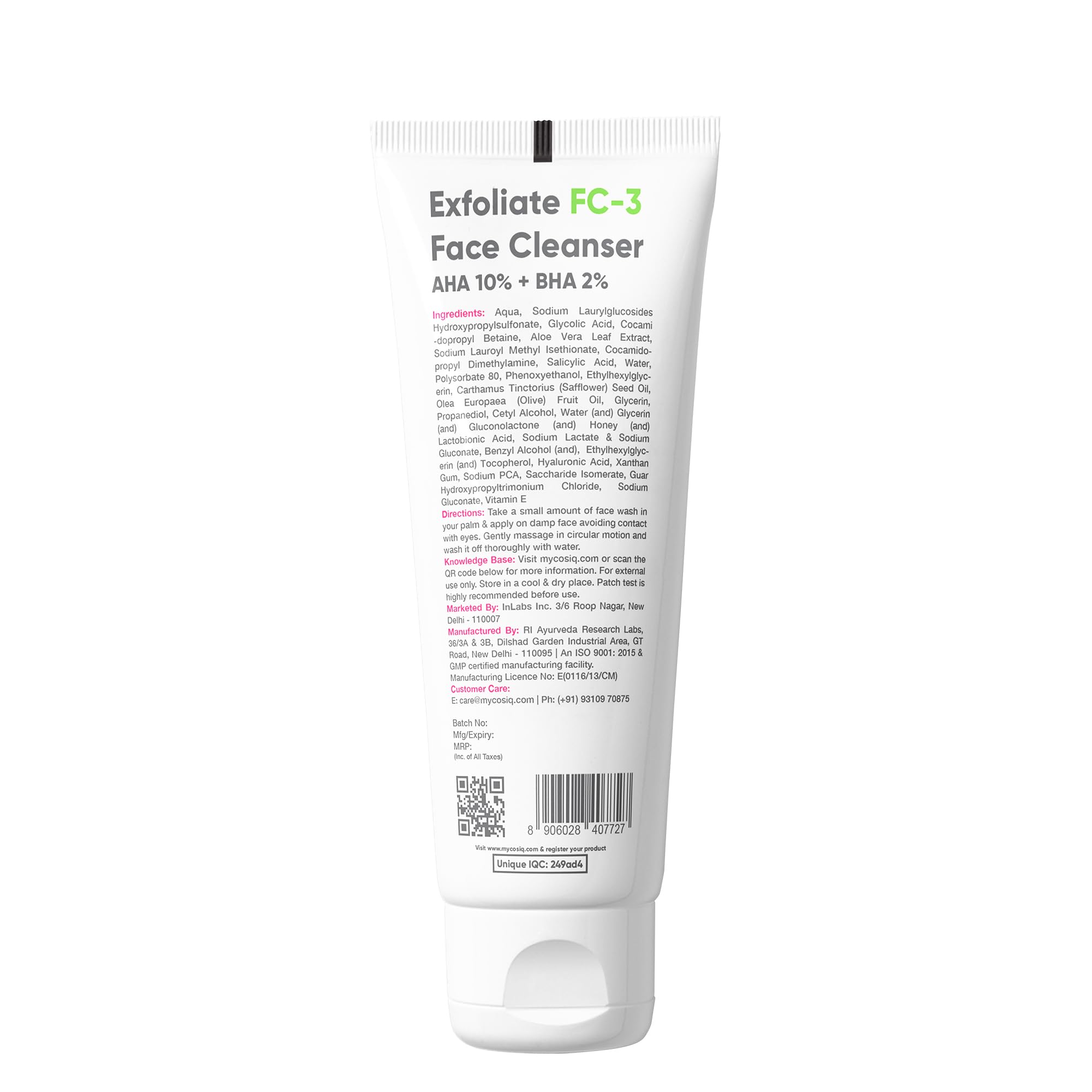 Cos-IQ Exfoliating Face Wash for Oily & Dry Skin | 2% Salicylic Acid BHA & 10% Glycolic Acid AHA | Sulfate-Free Anti-Acne Cleanser for Acne, Pimples, Skin Brightening & Oil Control | 100ml | Gentle Daily Exfoliation for Clear, Glowing Skin