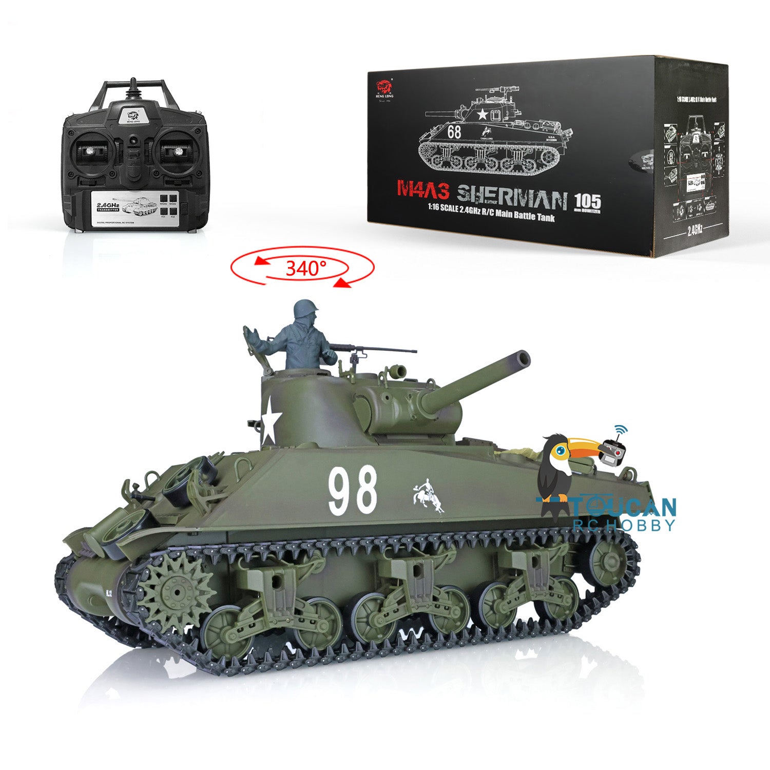 2.4G 1/16 Scale Henglong M4A3 Sherman RTR RC Tank - Plastic Version with Short Barrel, BB Shooting & IR Battling System (Model 3898) | Ready-to-Run Remote Control Military Tank for Adults & Kids | Battle Simulation, Collectible Display & Outdoor Play