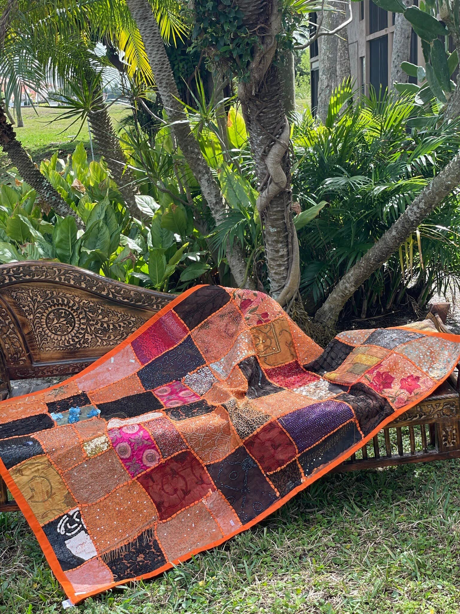 Indian Orange Wall Hanging Tapestry with Embroidery & Sequins - Bohemian Sari Patchwork Decor for Bedroom, Living Room, Dorm