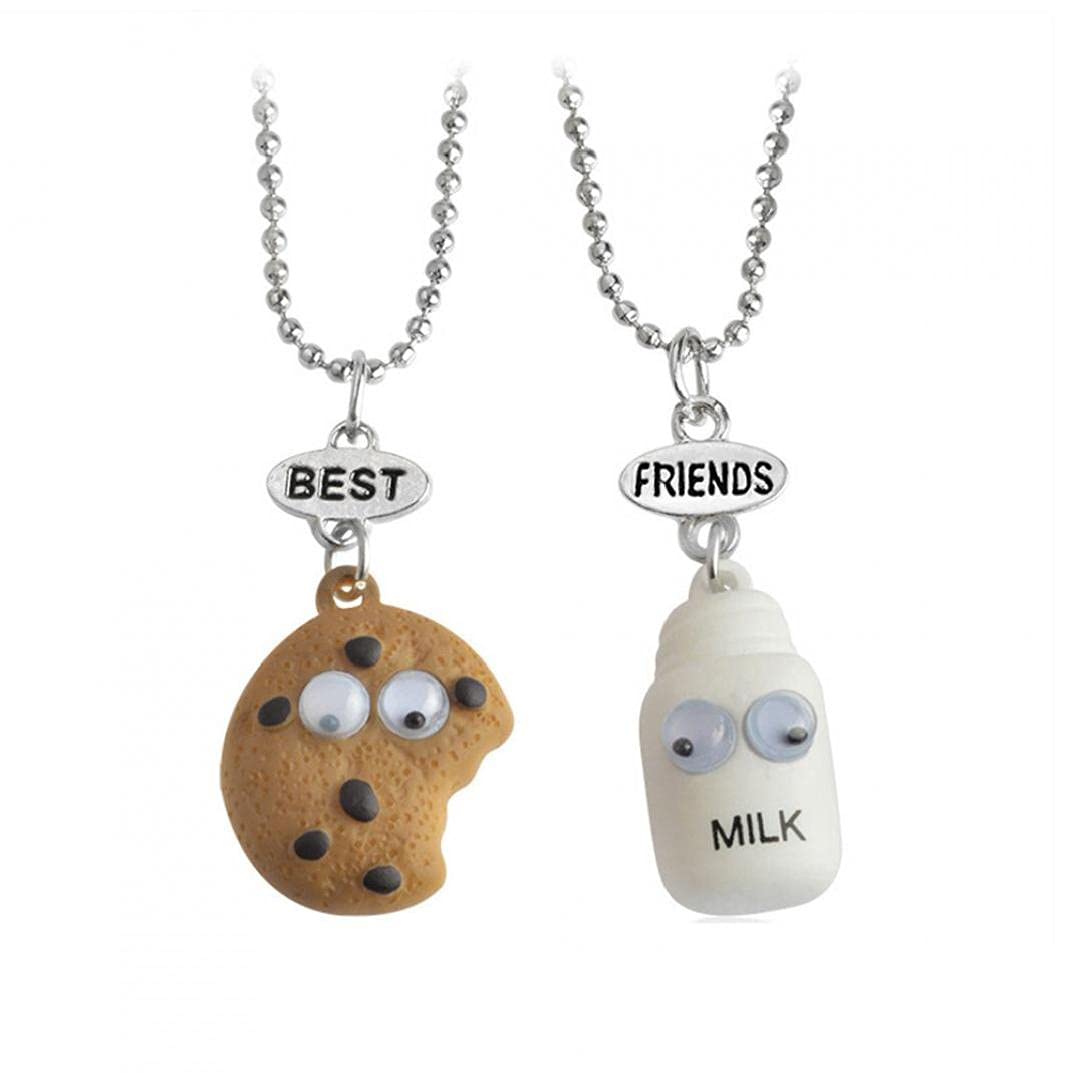 2pcs/Set Best Friend Cookie & Milk Pendant Necklace - Miniature Food Jewelry for Women, Girls - Perfect Gift for Birthday, Christmas, Friendship Day