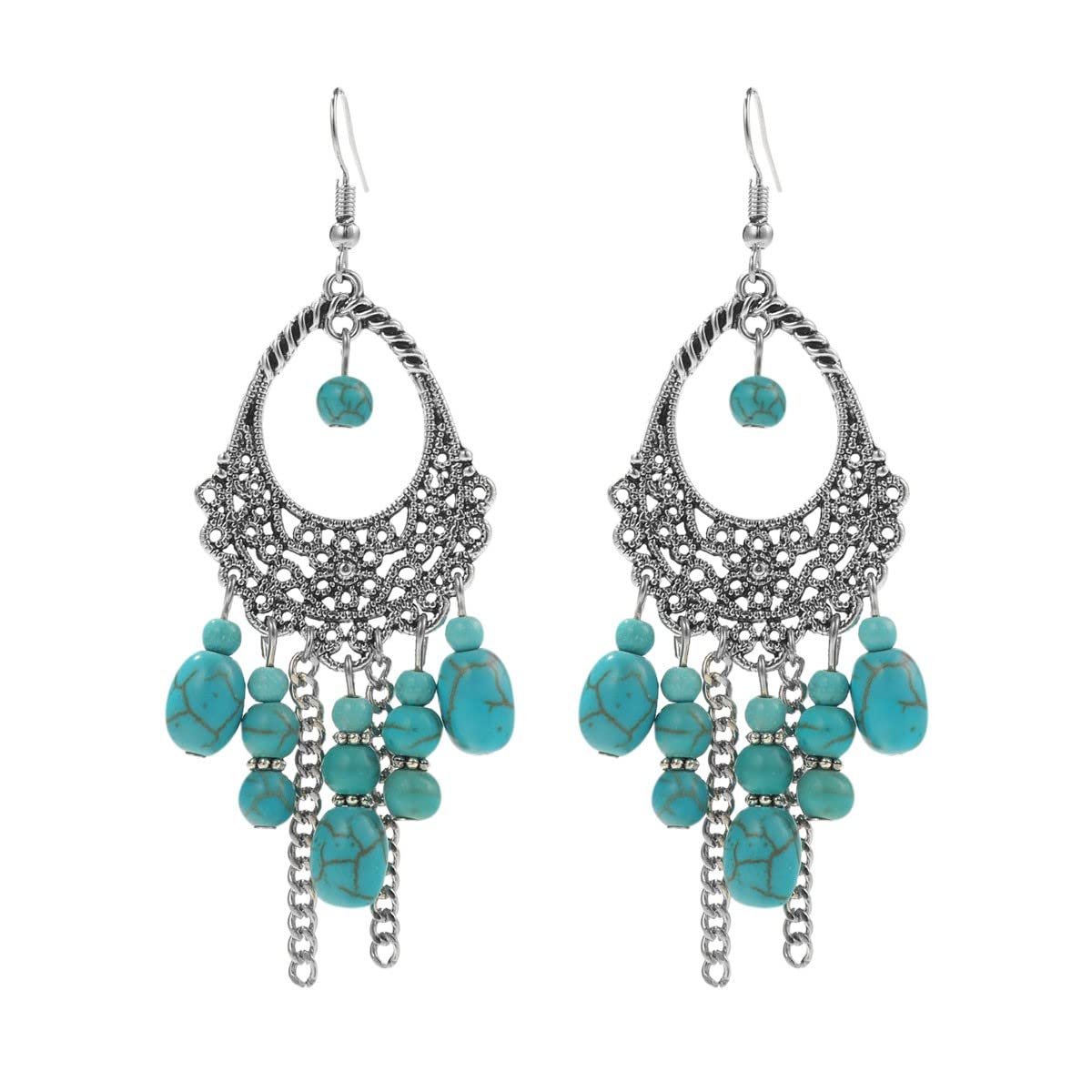 Bohemian Vintage Turquoise Dangle Earrings for Women - Retro Boho Drop Earrings with Double Ball Design, One Size | Perfect for Festivals, Parties, and Everyday Boho Chic Style