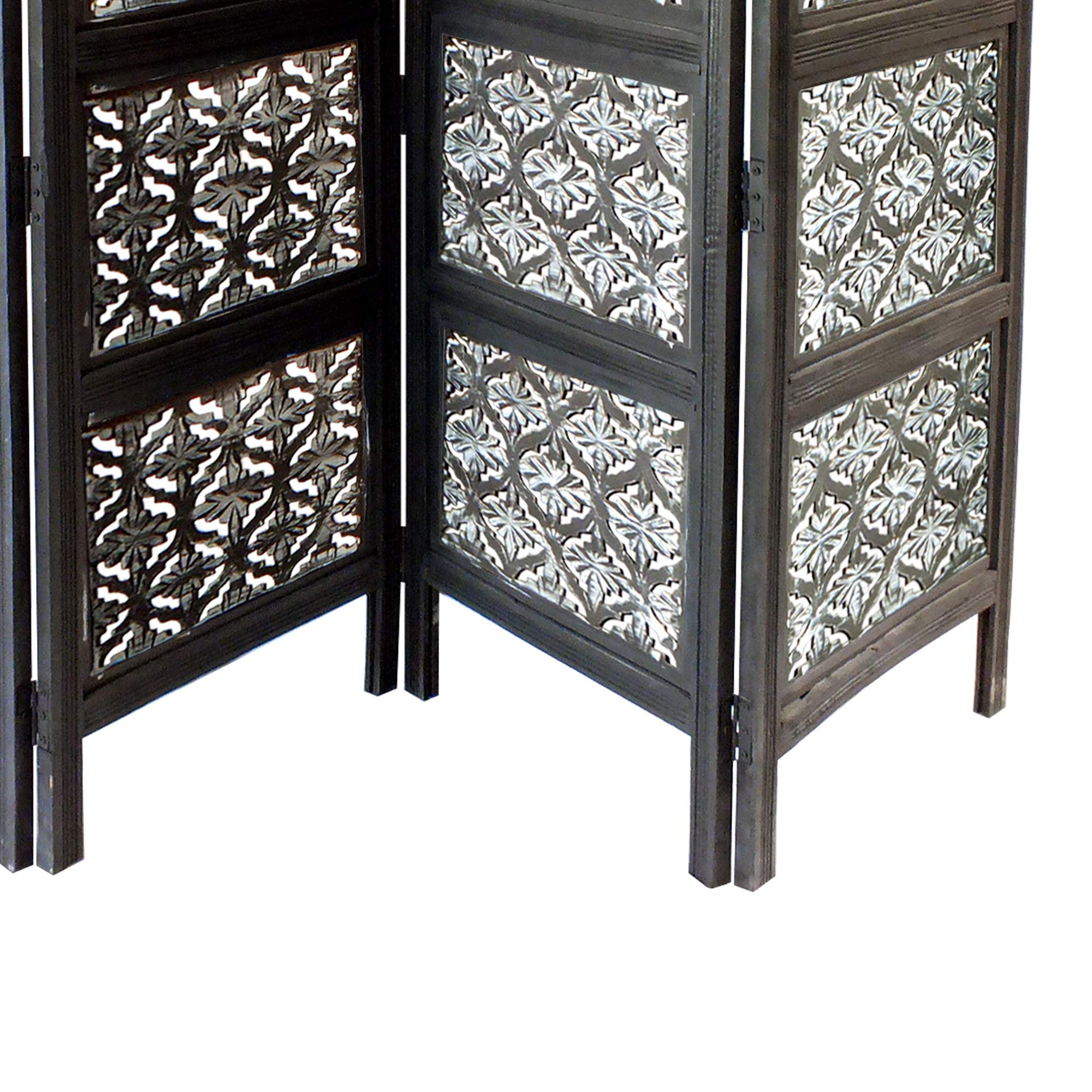 TUP The Urban Port Black & White 4-Panel Mango Wood Room Divider with Traditional Carvings - Handcrafted Privacy Screen for Living Room, Bedroom or Office Space