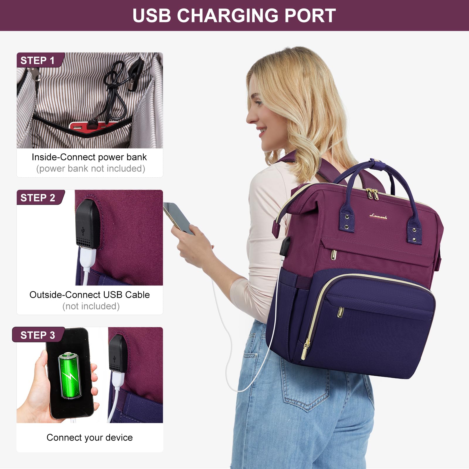 LOVEVOOK Women's Waterproof Laptop Backpack with USB Charging Port - 15.6 Inch Large Travel Work Bag for Teachers, Doctors & Nurses (Purple-Blue) - Perfect for Commuting, Business Trips & College Campus Use