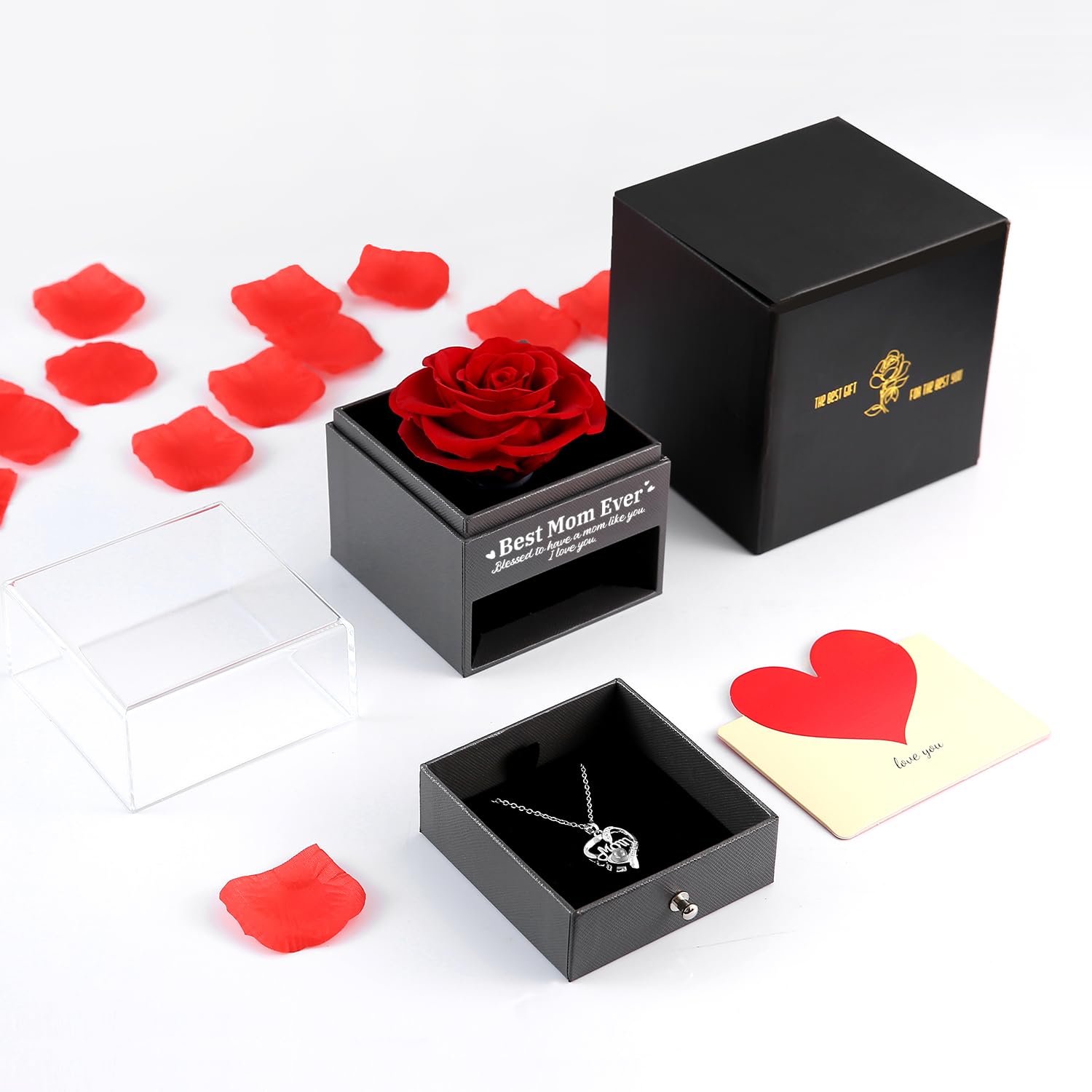 UQUI Preserved Rose Gift Box with 'I Love You' Necklace - Eternal Rose Christmas, Anniversary & Birthday Gifts for Mom, Wife, Women - Perfect for Mother's Day, Valentine's Day & Romantic Occasions