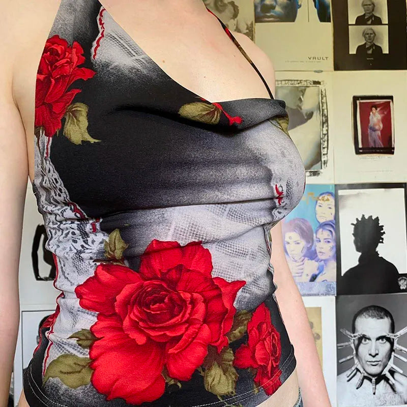 Tie Dye Backless Halter Top for Women - Sexy Crop Top with Floral Print, Streetwear & Harajuku Style | Perfect for Parties, Clubs, and Summer Outfits