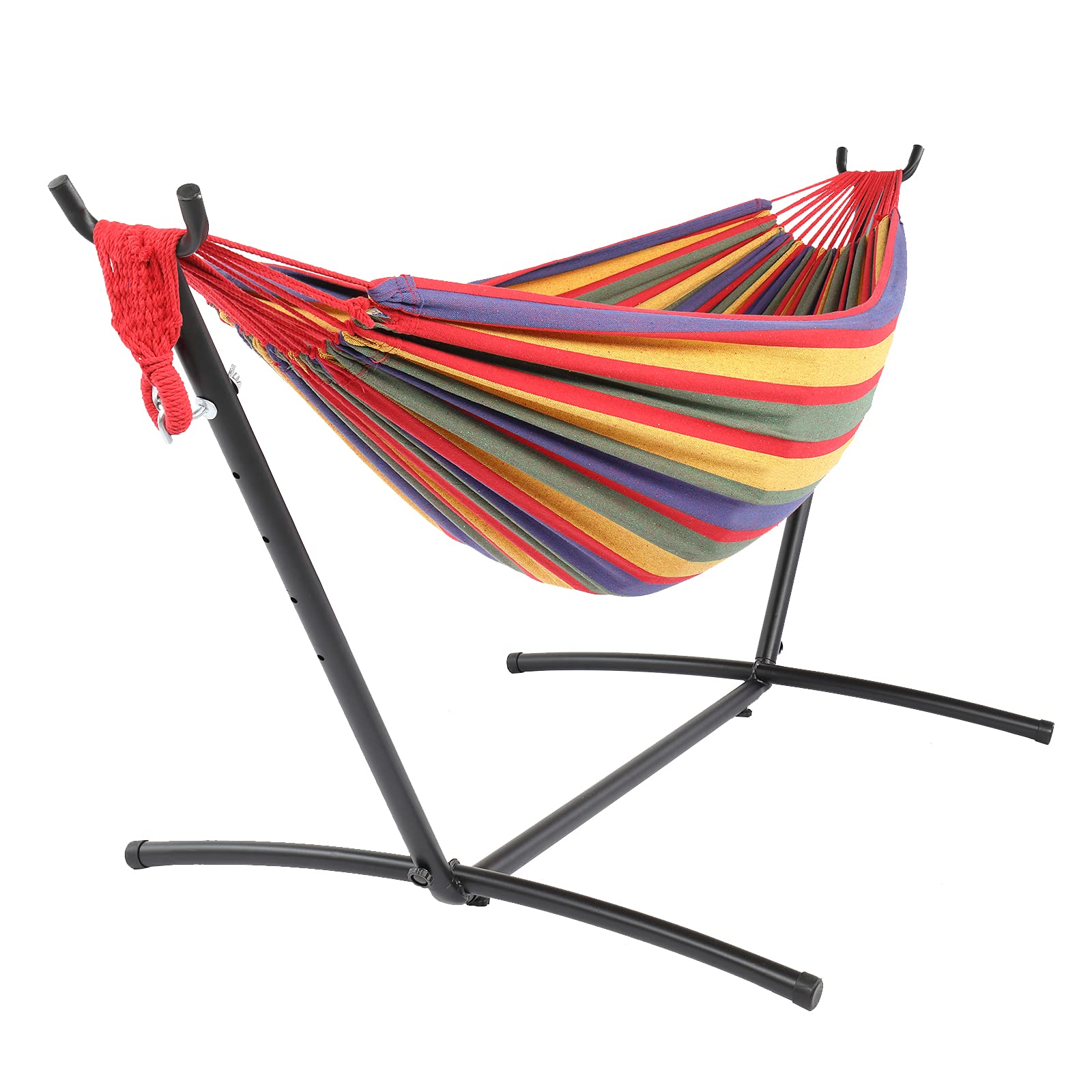 9FT Hammock Stand with 200x150cm Polyester Cotton Hammock - Black Steel Pipe Frame, Red Strip Design & Natural Rope - Perfect for Backyard Relaxation, Camping Trips, Patio Lounging