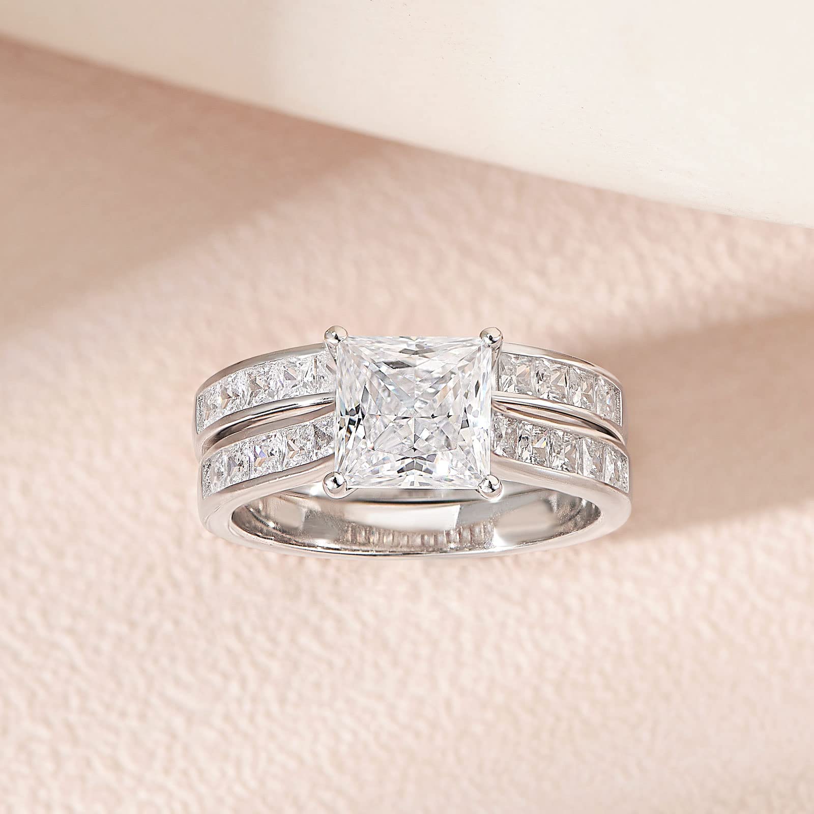 SHELOVES Princess Cut Cubic Zirconia Wedding Ring Set - Sterling Silver Engagement & Bridal Rings for Women (Size 4.5-13) - Perfect for Proposals, Anniversaries & Romantic Occasions