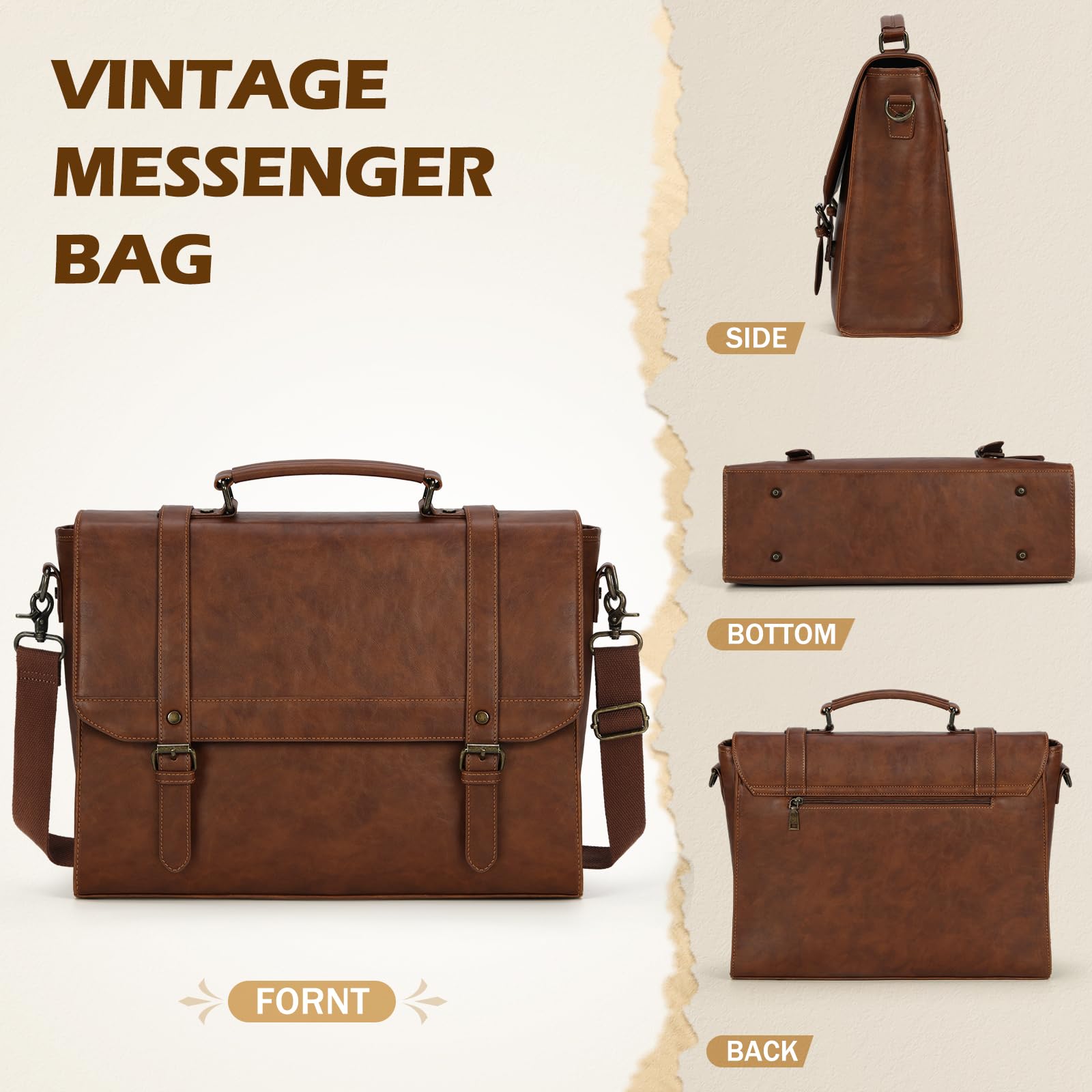 IGOLUMON Vintage Leather Messenger Bag for Men - 15.6 Inch Waterproof Laptop Briefcase, Retro Satchel Shoulder Bag for Office, Business, Travel, College, and Everyday Use, Brown