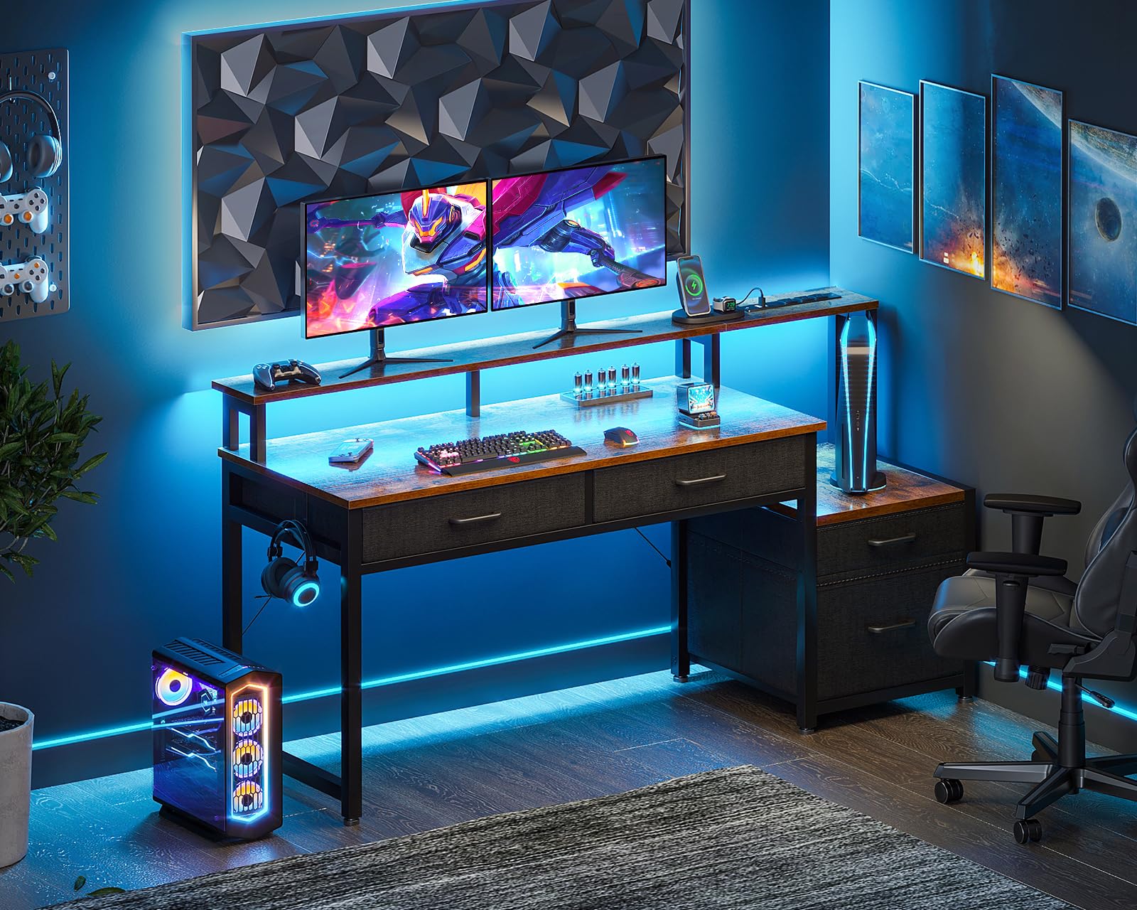 AODK 55 Inch Reversible Computer Desk with LED Lights & Power Outlet - Rustic Brown Home Office Desk with 4 Drawers, File Storage & Monitor Stand - Perfect for Remote Work, Gaming & Study Spaces