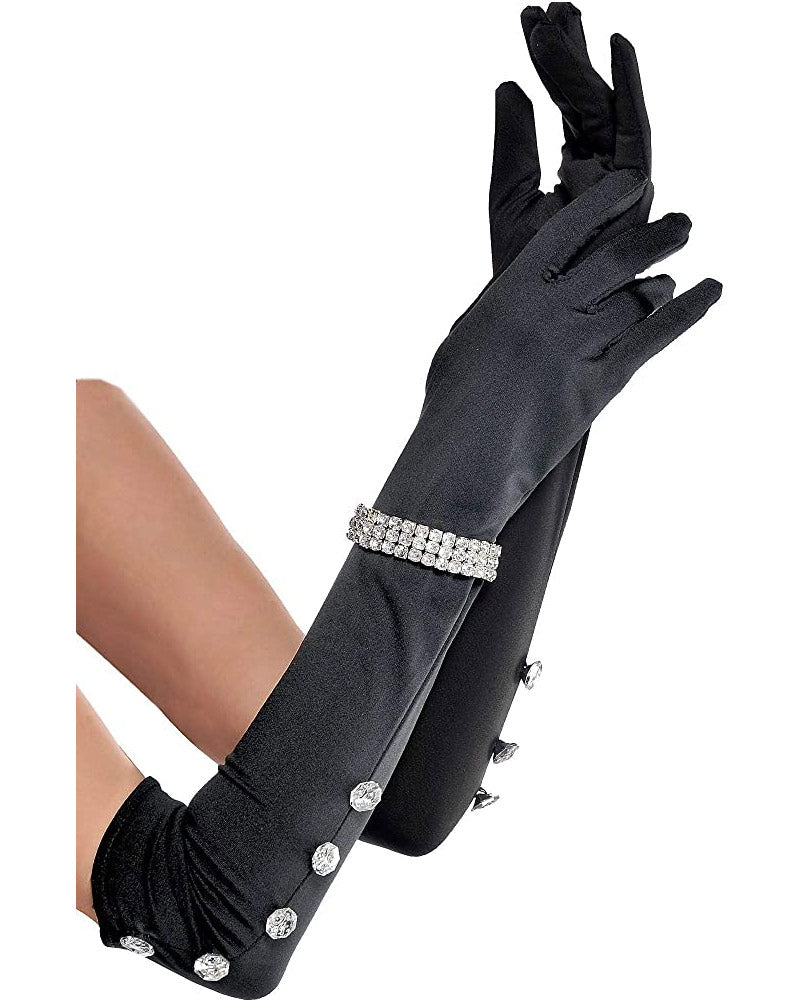 Elegant 20s Style Satin Gloves with Rhinestone Bracelet - Vintage Flapper Accessories for Costume Parties, Weddings & Evening Events