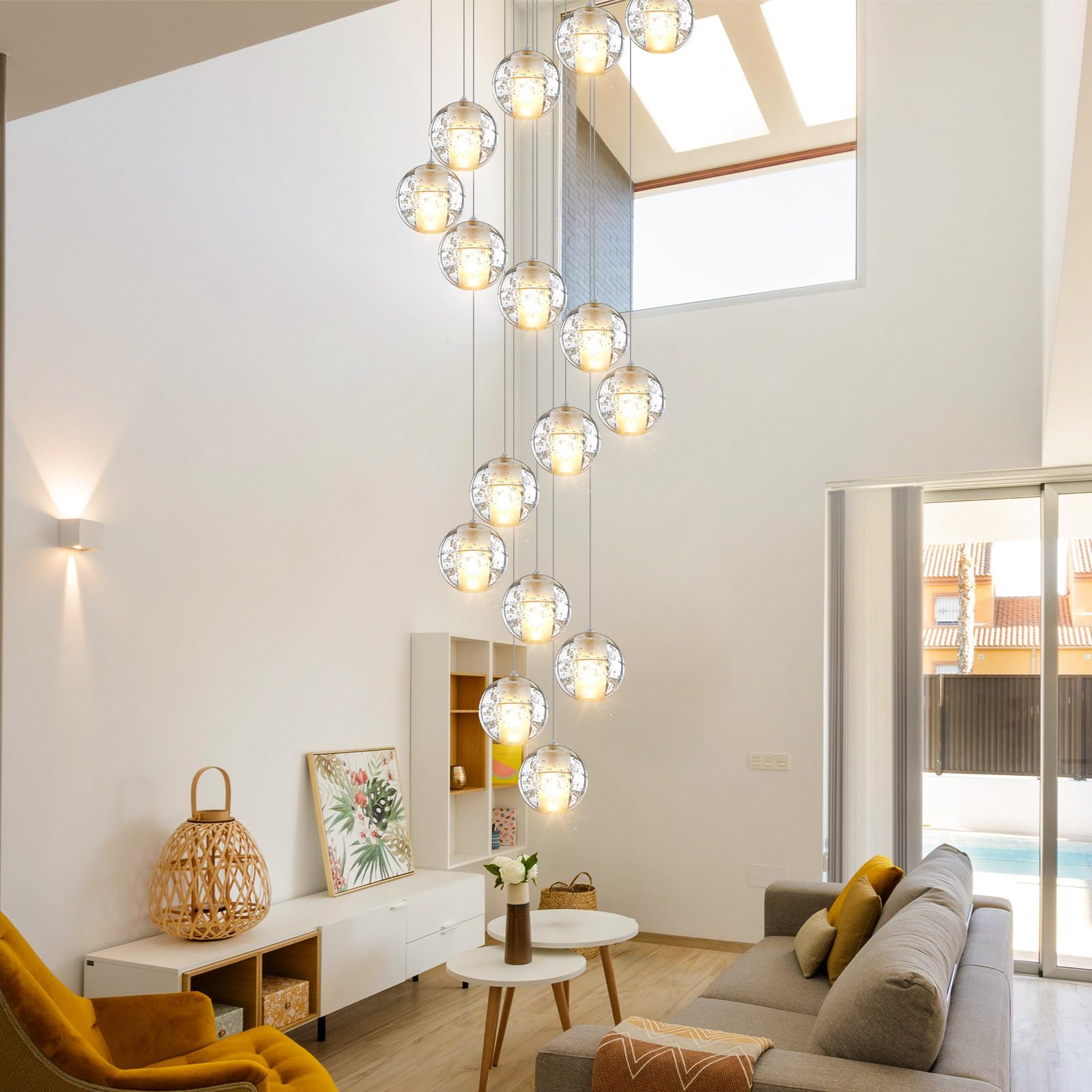 14-Lights Modern Chandelier for High Ceiling - Black Bubble Crystal Pendant Lighting Fixture with Warm LED Bulbs - Perfect for Entrance, Living Room, and Dining Room Decor