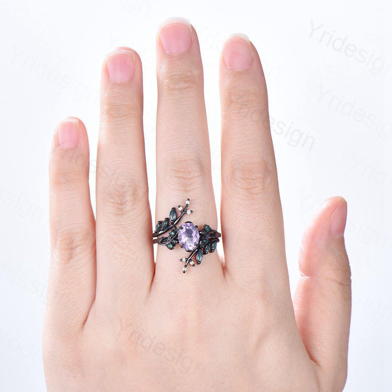 Nature Inspired Lavender Amethyst Engagement Ring Set - Black Gold Unique Leaf Vine Marquise Moss Agate Gothic Bridal Wedding Jewelry (2pc) | Perfect for Boho Weddings, Nature-Themed Proposals & Alternative Bridal Style