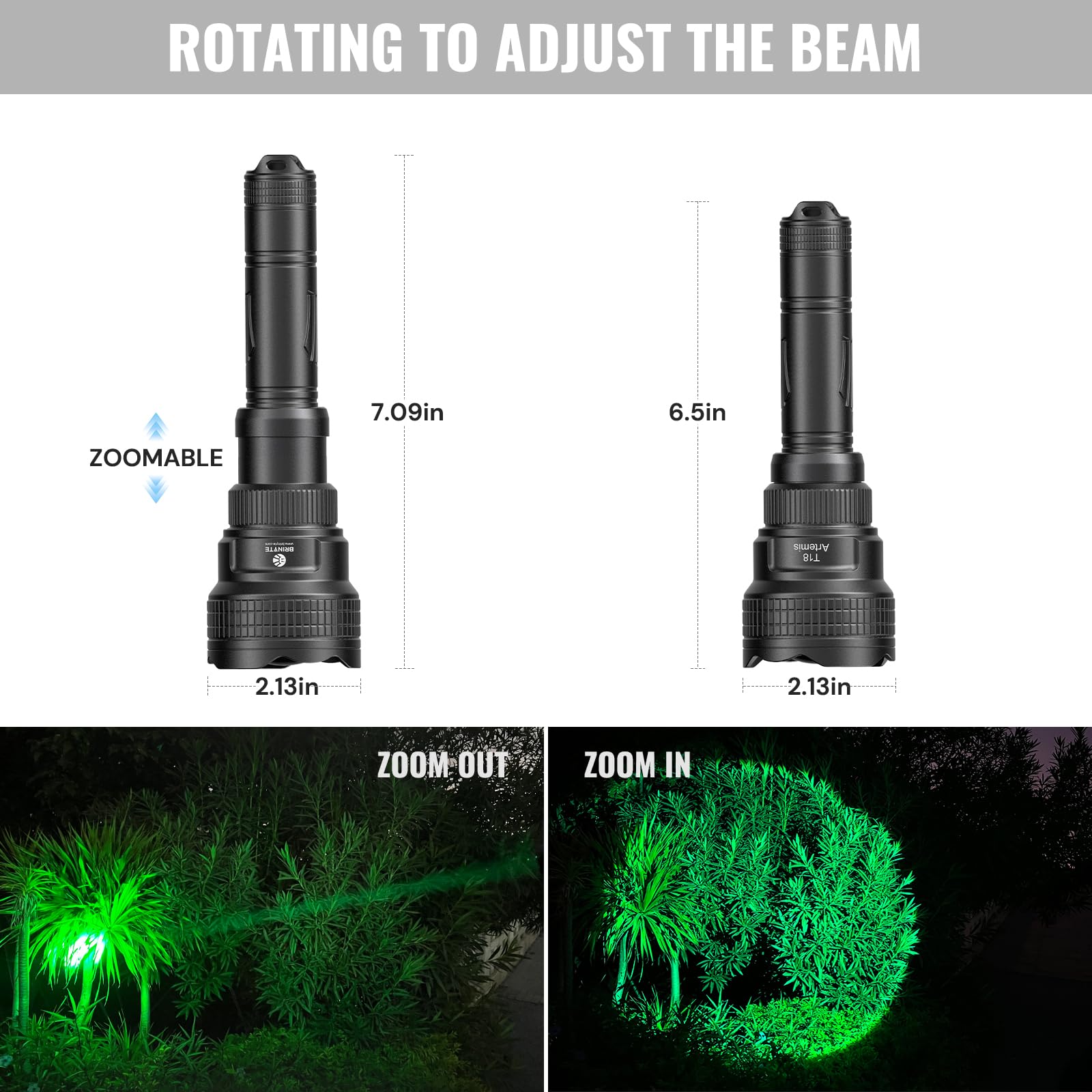 Brinyte T18 Zoomable LED Hunting Flashlight - Red, Green, White Light Modes, IPX6 Waterproof, Long Range Tactical Light for Hog, Coyote, Coon & Varmint Hunting | Perfect for Night Hunting, Camping & Outdoor Adventures