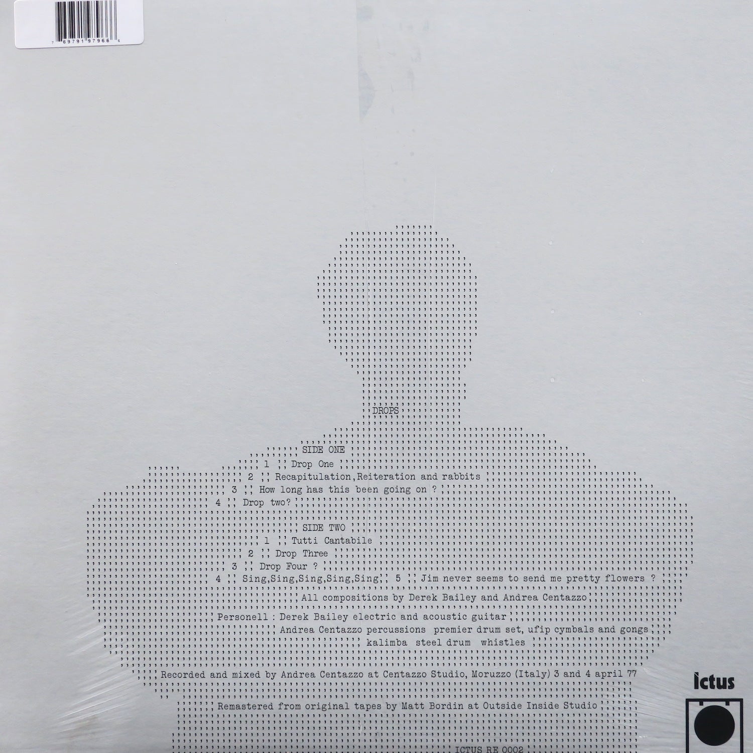 DEREK BAILEY & ANDREA CENTAZZO 'Drops' Vinyl LP Record - 1977 Jazz Free Improvisation Album - Perfect for Jazz Collectors and Vinyl Enthusiasts