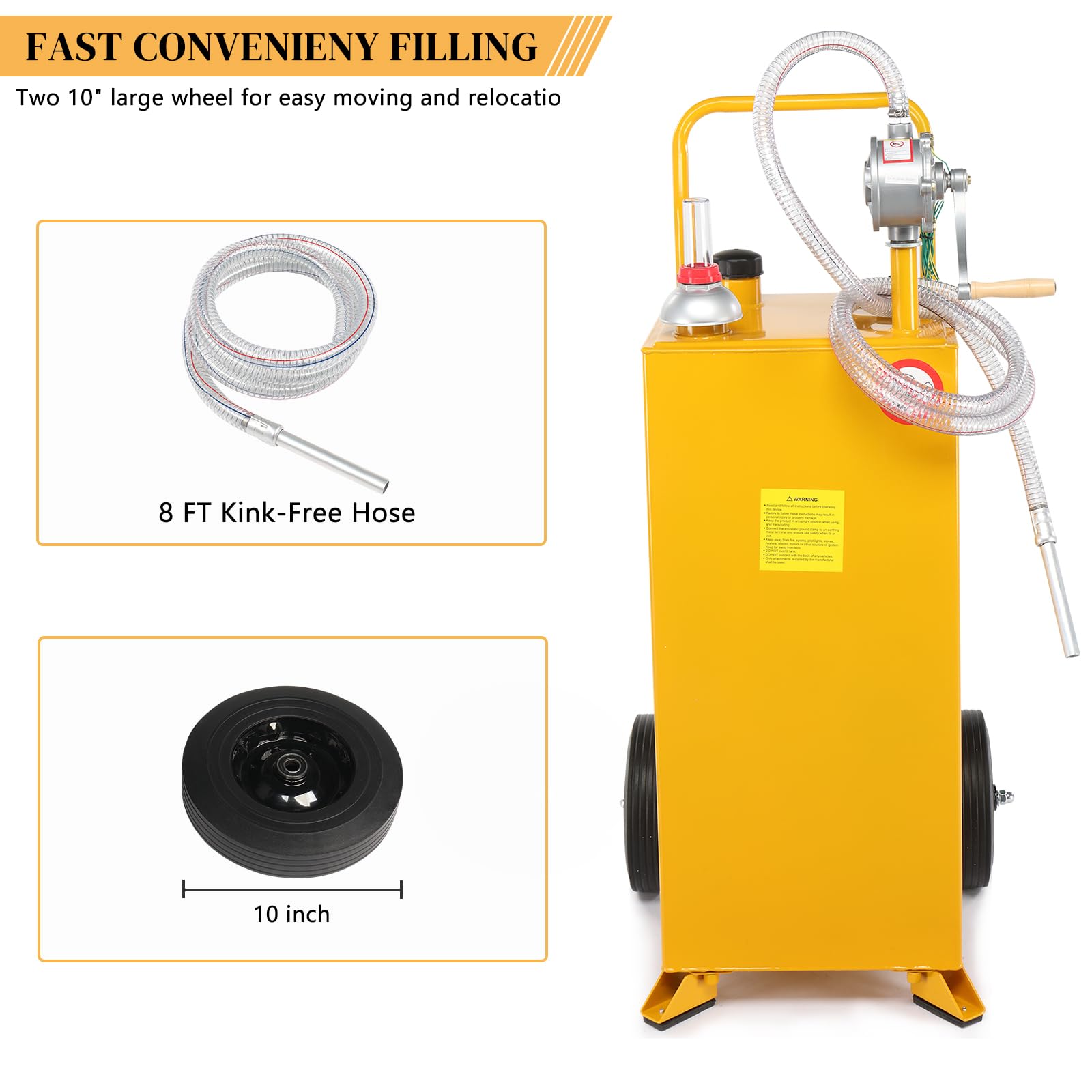 30-Gallon Portable Oil Transfer Tank with Pump & Wheels - Diesel Fuel Storage Container for ATV, Car, Mowers & Tractors - Heavy Duty Gas Caddy for Workshop, Farm & Construction Sites - Yellow
