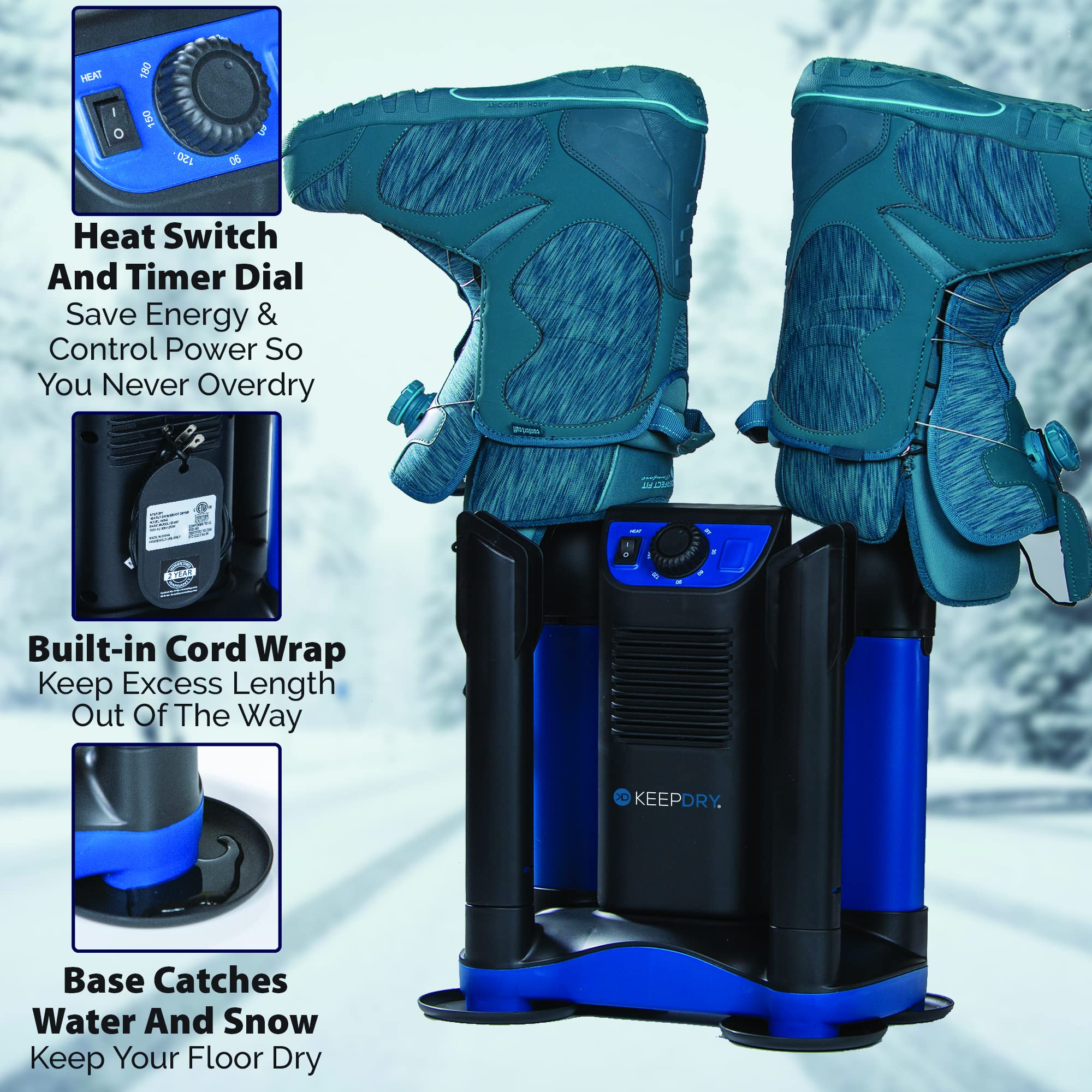 Heavy Duty Forced Heat Boot Dryer & Shoe Dryer with Adjustable Timer & Heat Switch - Fast Drying for Boots, Shoes & Garments - Collapsible Drying Tubes - Perfect for Hiking, Camping & Winter Sports