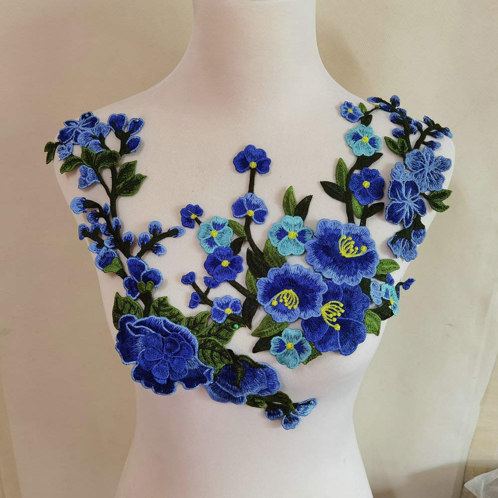3pcs Blue Flower Embroidered Sew-on Patches for Clothes, Cheongsam & Wedding Dress - DIY Fabric Appliques for Garment Decoration & Repair (Perfect for Bridal, Costume, and Vintage Fashion Upgrades)
