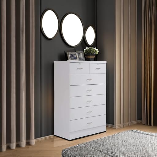 HODEDAH 7-Drawer Wood Dresser for Bedroom - 31.5 Inch Wide Chest of Drawers with Locking Top Drawers - White Storage Organizer for Clothes, Bedroom Furniture & Home Organization