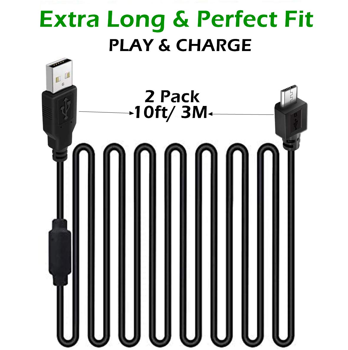 2 Pack 10ft PS4 Controller Charging Cable - Fast Charging & Data Sync Cord for Sony PlayStation 4/PS4 Pro/PS4 Slim & Xbox One X/One S/One Elite Controllers (Black) - Perfect for Gaming & Charging Simultaneously