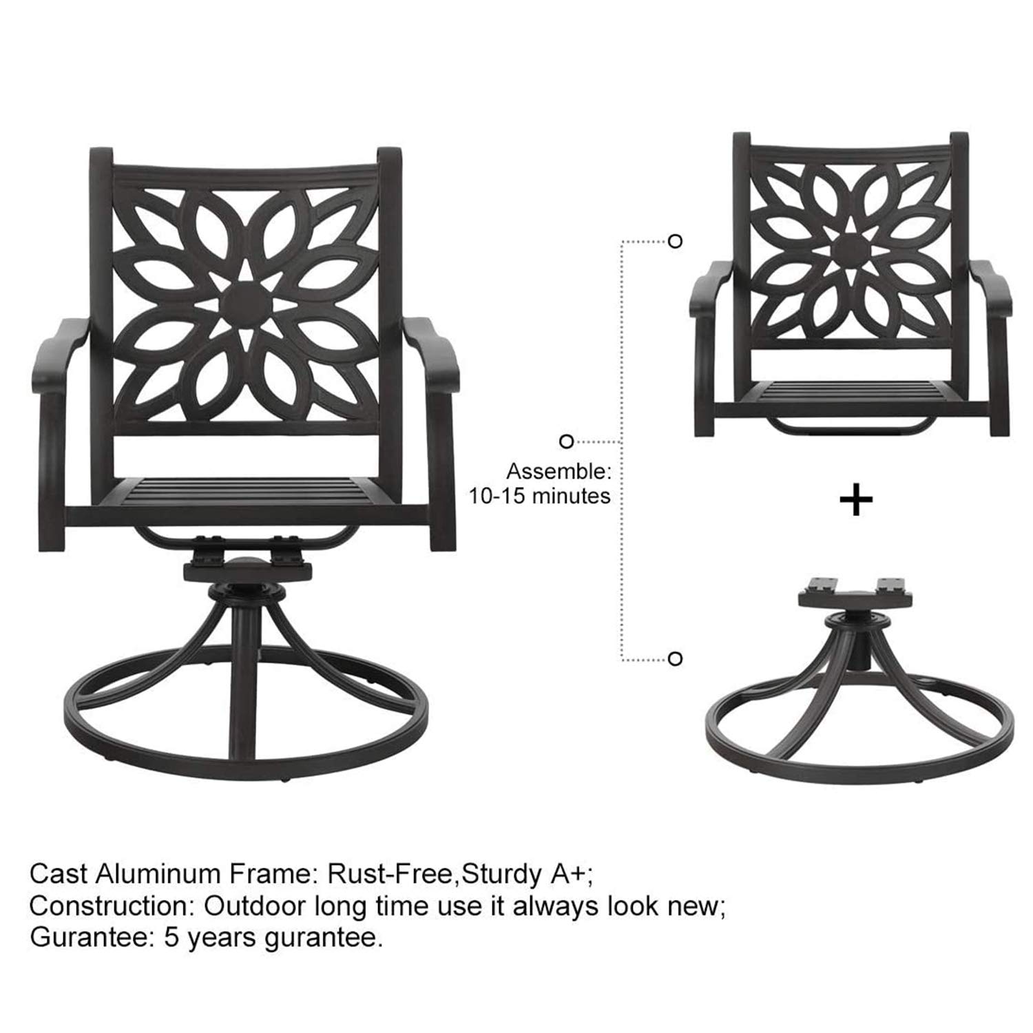 PHI VILLA 2-Piece Outdoor Swivel Rocking Patio Dining Chairs Set - Heavy Duty Cast Aluminum with Cushions - Extra Wide Comfortable Seating for Garden, Poolside, Deck & Backyard Relaxation