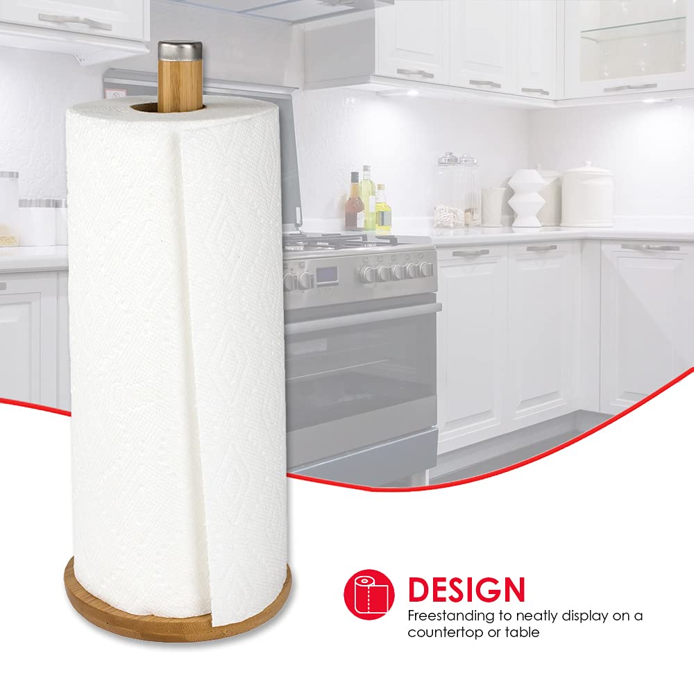 Premium Bamboo & Stainless Steel Paper Towel Holder - Natural Finish | Space-Saving Kitchen Organizer for Countertops, Pantry & RV Use