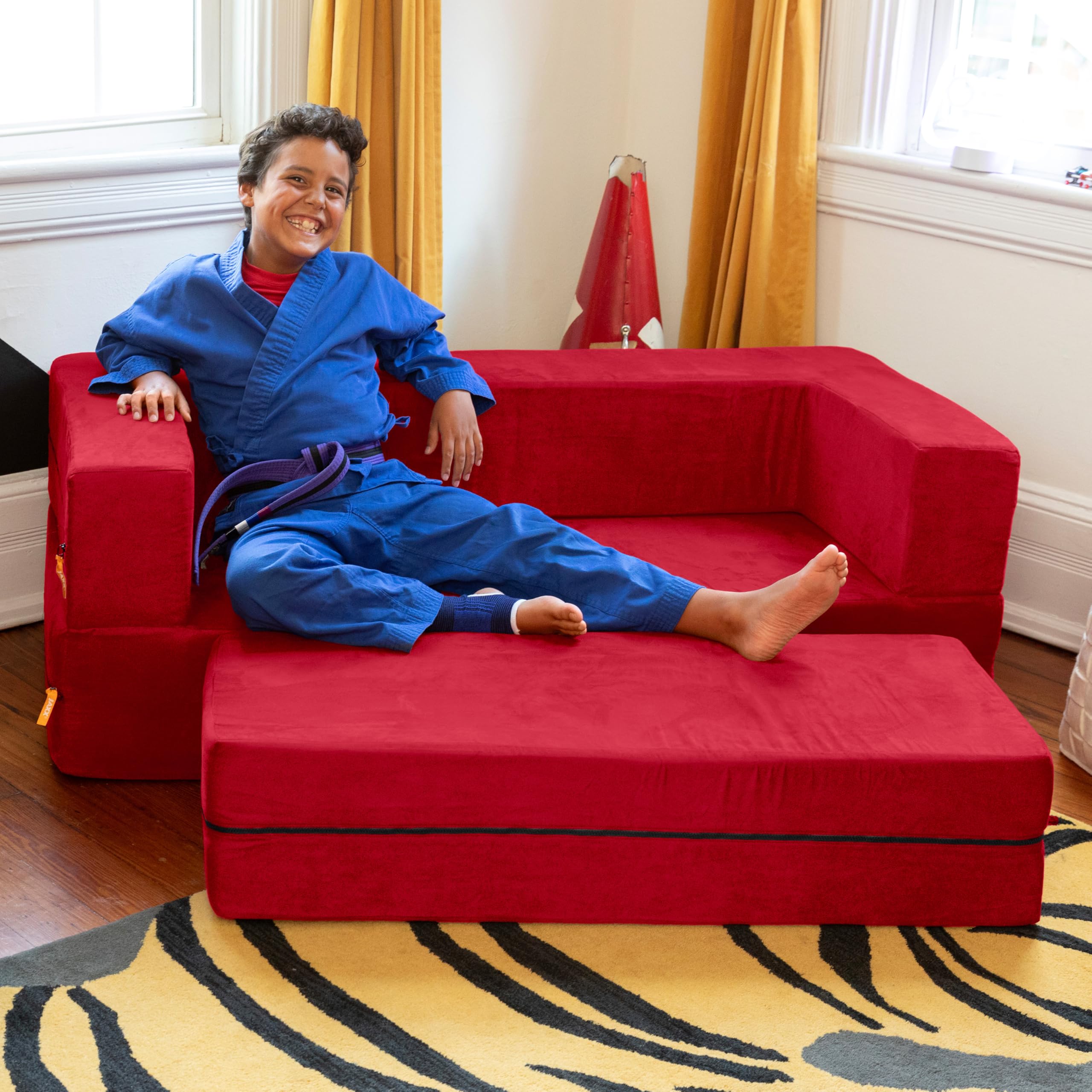 Jaxx Zipline 3-in-1 Fold Out Sofa with Large Ottoman - Big Kids Edition in Cherry Red (17454) | Convertible Sleeper Sofa for Playrooms, Dorm Rooms & Small Spaces