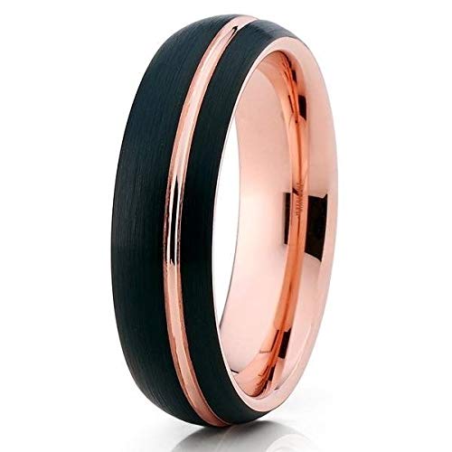 Black Tungsten Wedding Band 6mm - Rose Gold Brushed Finish Men's Ring - Durable & Hypoallergenic for Daily Wear, Anniversary & Engagement Gifts