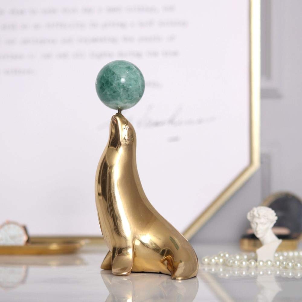 Gold & Copper Sea Lion Playing with Green Jade Ball Sculpture - Elegant Home Decor, Marine Life Collectible, Unique Wedding Gift for Couples | Perfect for Living Room, Office, or Beach-Themed Party Decorations
