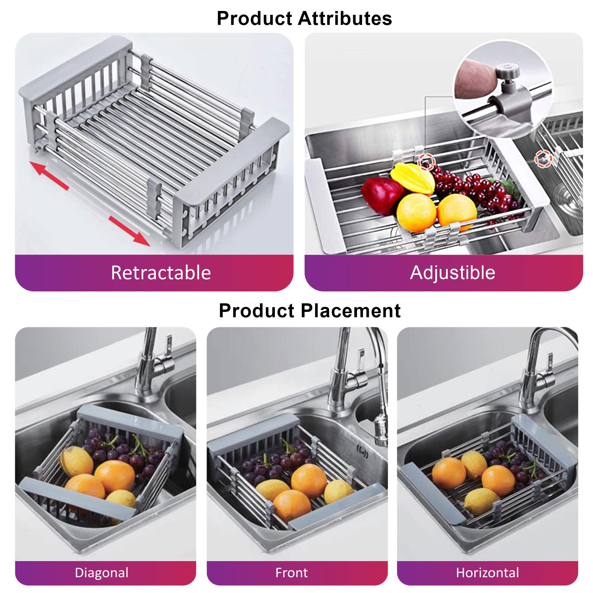 Expandable Stainless Steel Sink Drying Rack - Adjustable Dish Drainer Basket for Kitchen Countertop | Space-Saving Over Sink Organizer for Dishes, Utensils & Cookware | Perfect for Small Kitchens & RV Use