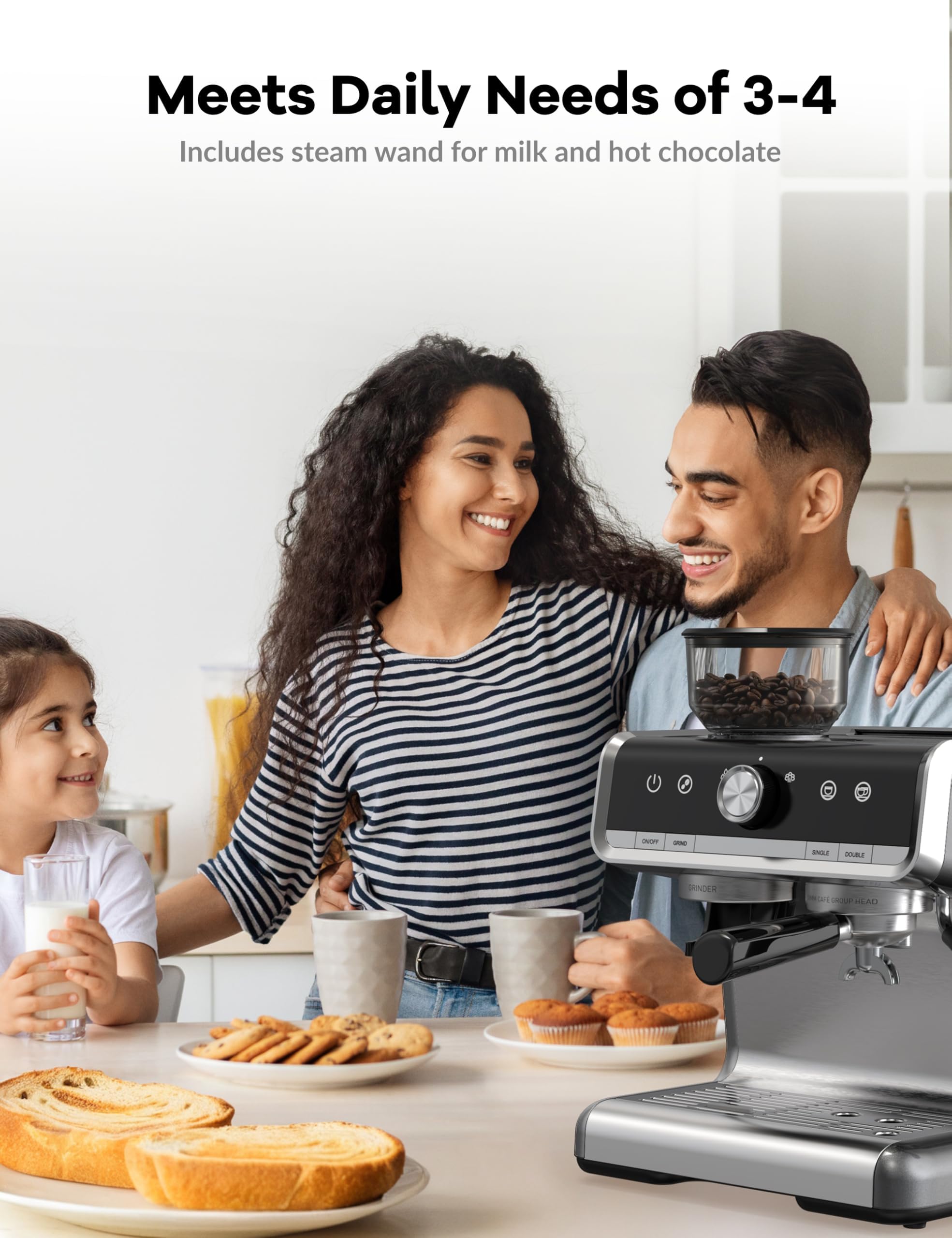 Premium 20 Bar Semi-Automatic Espresso Machine with Built-in Grinder & Milk Frother - PID Temperature Control, 95oz Water Tank (Light Gray) - Perfect for Home Baristas to Make Cappuccino, Latte & Macchiato Like a Pro