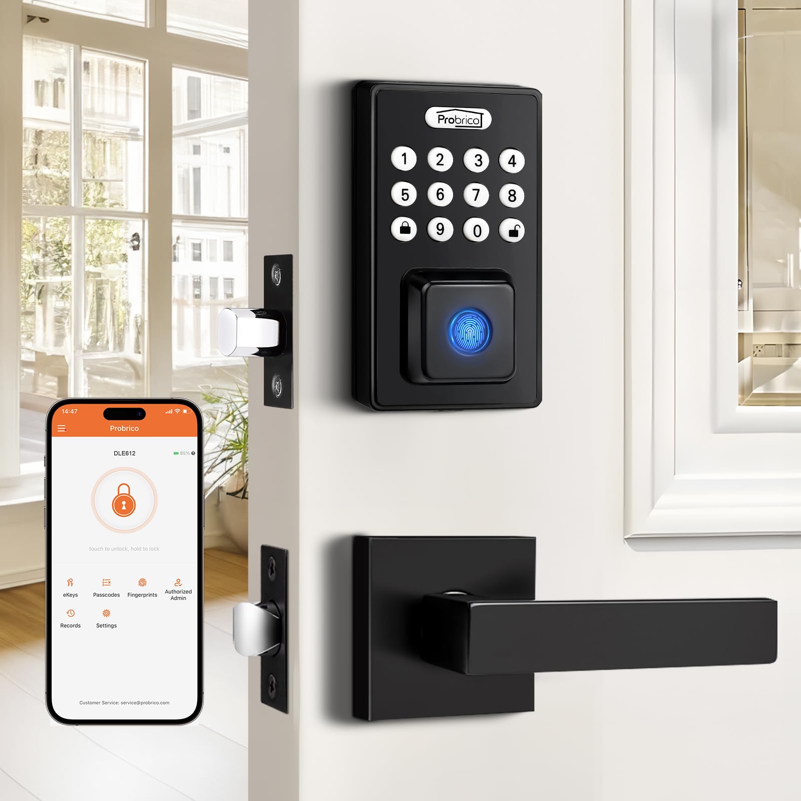 Probrico Smart Keyless Entry Door Lock with Handle - Fingerprint, Keypad & App Control for Front Door - Auto Lock & Deadbolt Security - Perfect for Homes, Apartments & Vacation Rentals