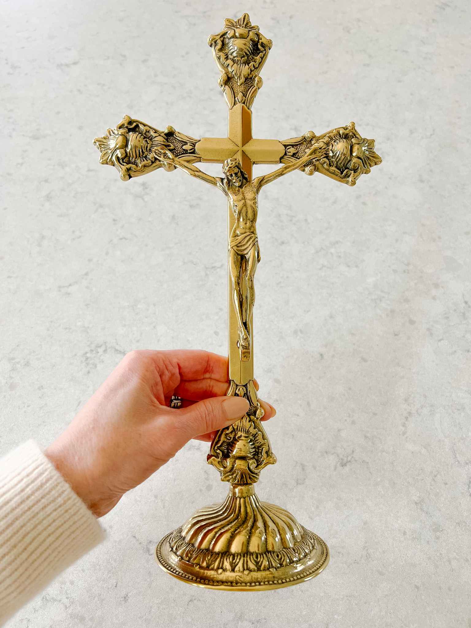 Standing Crucifix Grande - Polished Brass Religious Cross for Home Altar, Church Decor, and Prayer Spaces