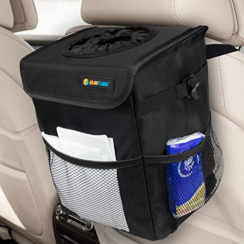 **SUN CUBE Waterproof Car Trash Can with Lid & Mesh Pockets | Leakproof Hanging Auto Garbage Bin | Organizer for Headrest, Console, Truck (Black) | Perfect for Road Trips, Commuting & Travel**