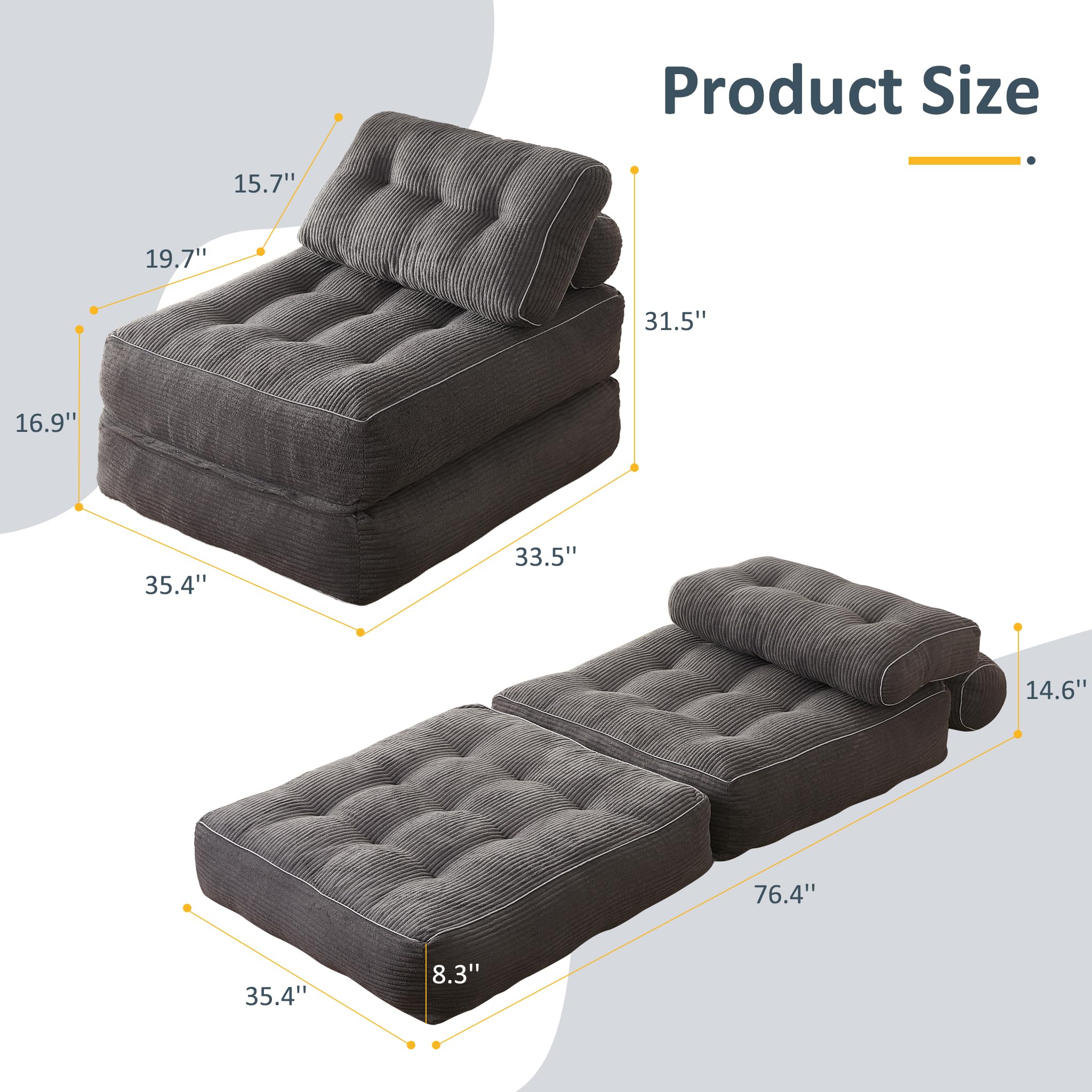 Convertible Folding Chair Bed - Multi-Functional Futon Sofa Bed for Living Room, Bedroom & Small Spaces - Grey Floor Couch for Adults - Perfect for Guest Sleeping, Lounging & Space Saving